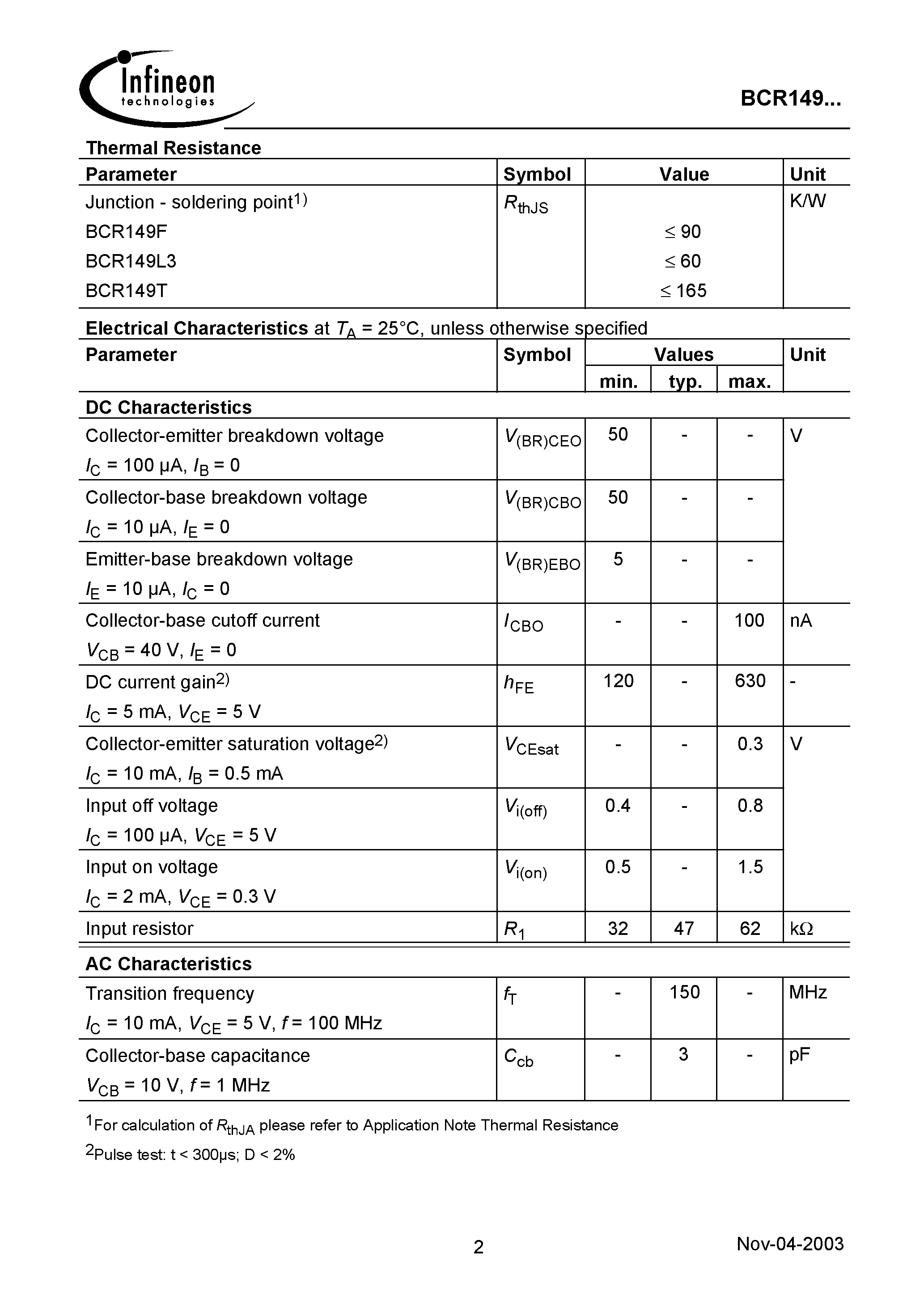 Даташит на микросхему BCR149F страница 2 Даташит BCR149F - NPN Silicon Digital Transistor страница 2