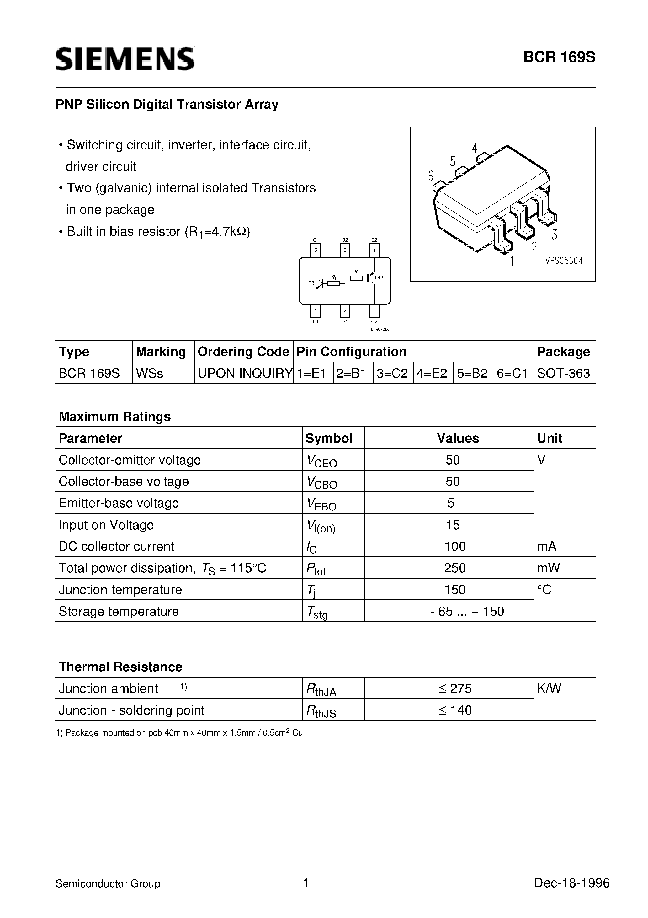 Даташит на микросхему BCR169S страница 1 Даташит BCR169S - PNP Silicon Digital Transistor Array (Switching circuit/ inverter/ interface circuit/ driver circuit) страница 1