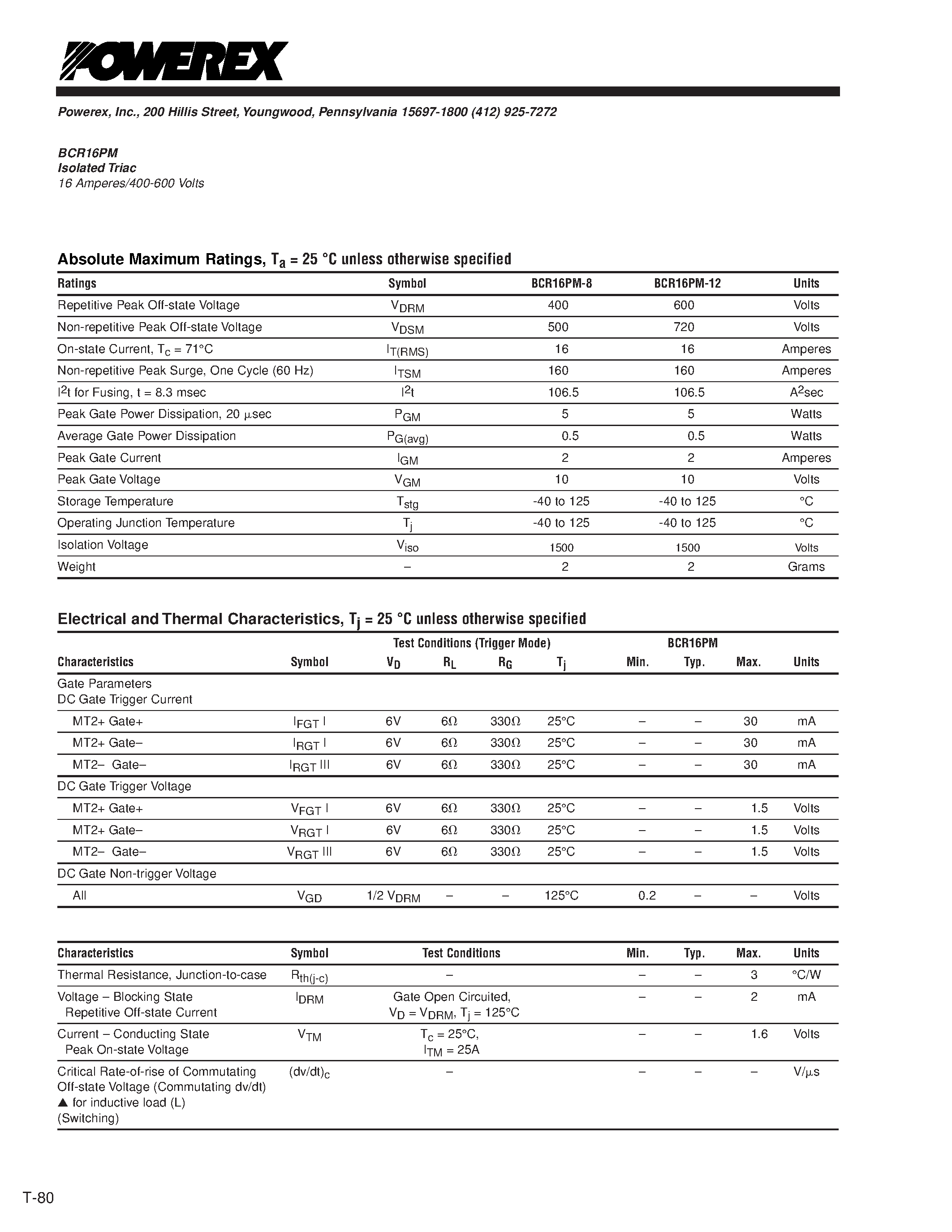 Datasheet BCR16PM-8 page 2 Datasheet BCR16PM-8 - Isolated Triac 16 Amperes/400-600 Volts page 2