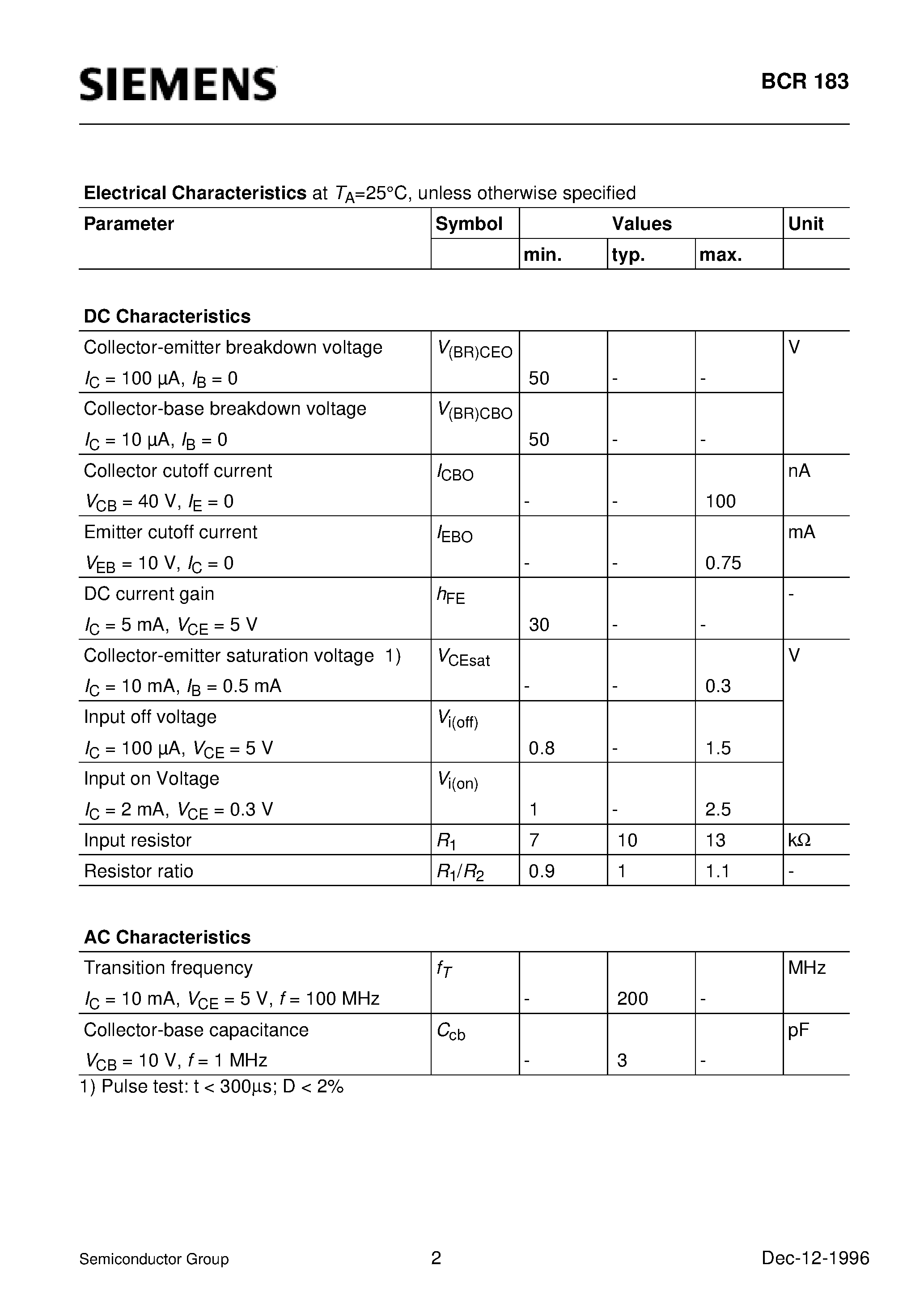 Даташит на микросхему BCR183 страница 2 Даташит BCR183 - PNP Silicon Digital Transistor (Switching circuit/ inverter/ interface circuit/ driver circuit) страница 2