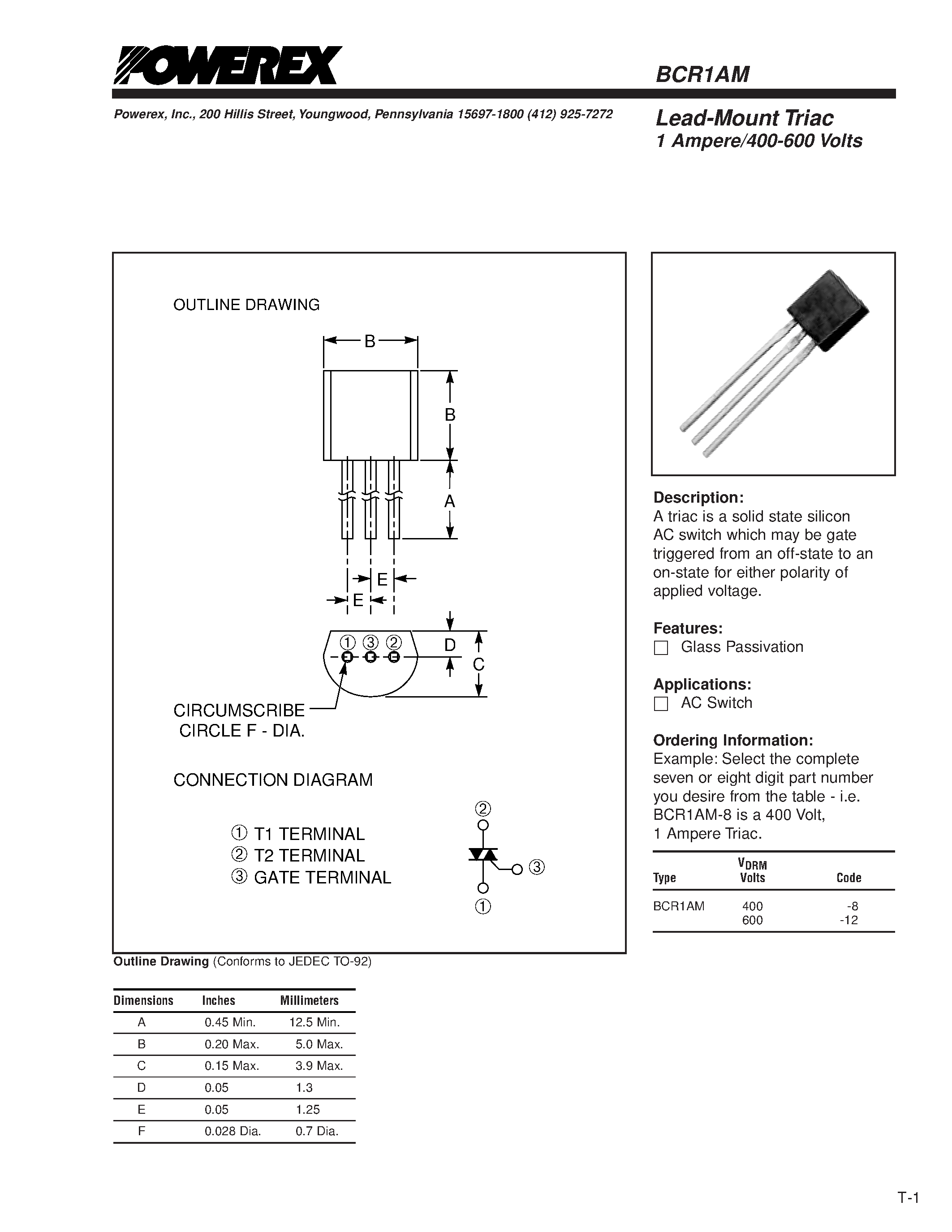 Datasheet BCR1AM - Lead-Mount Triac 1 Ampere/400-600 Volts page 1