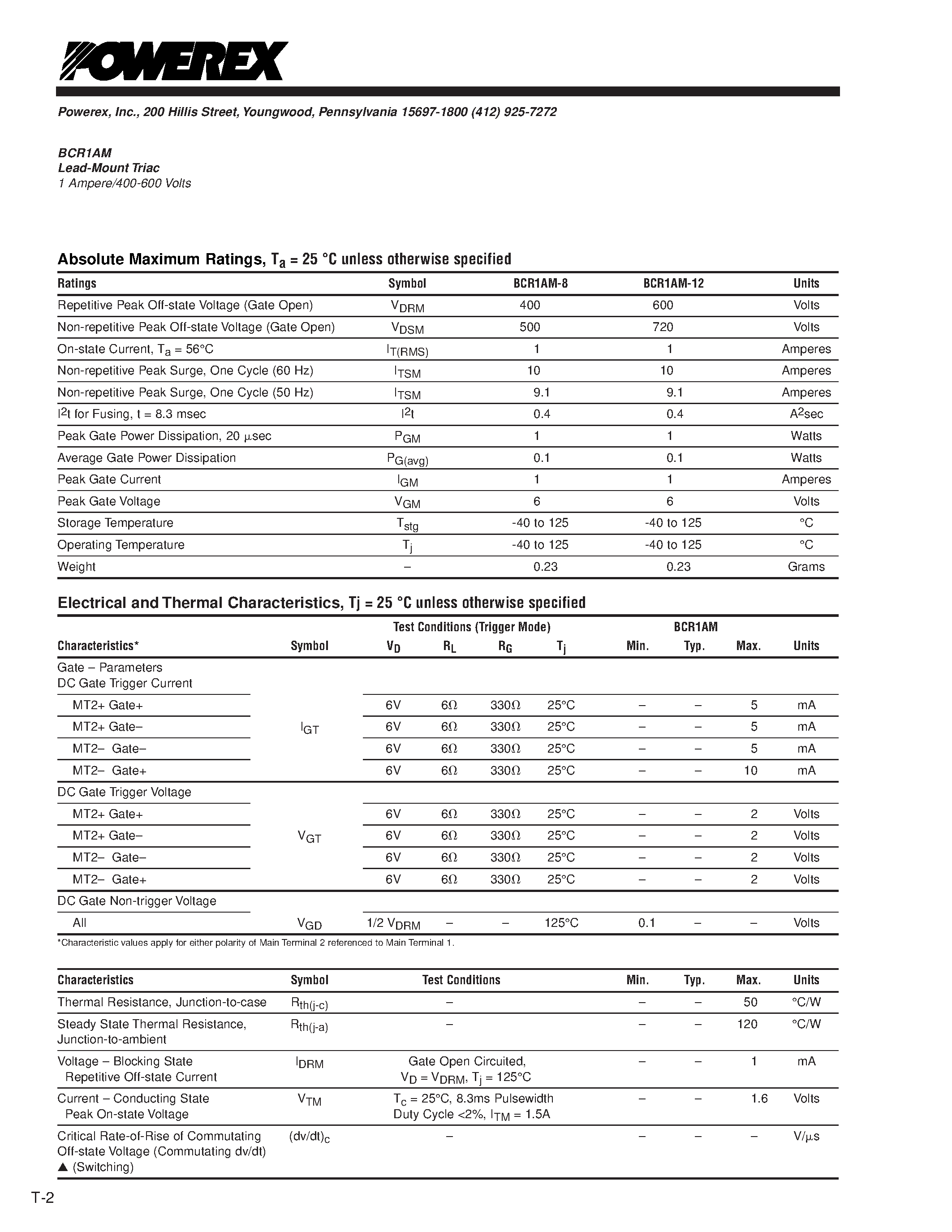 Datasheet BCR1AM - Lead-Mount Triac 1 Ampere/400-600 Volts page 2