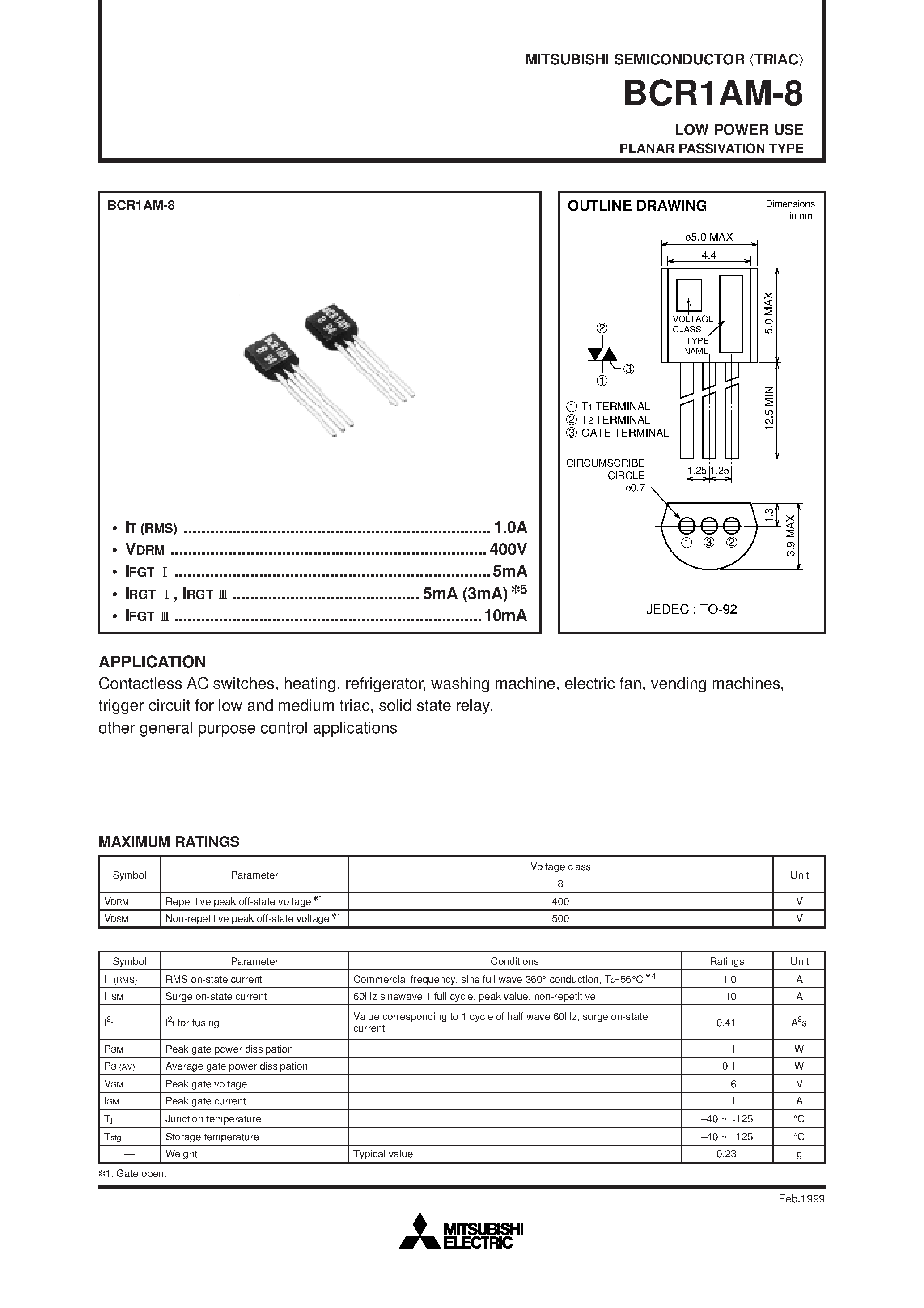 Datasheet BCR1AM-8 - LOW POWER USE PLANAR PASSIVATION TYPE page 1