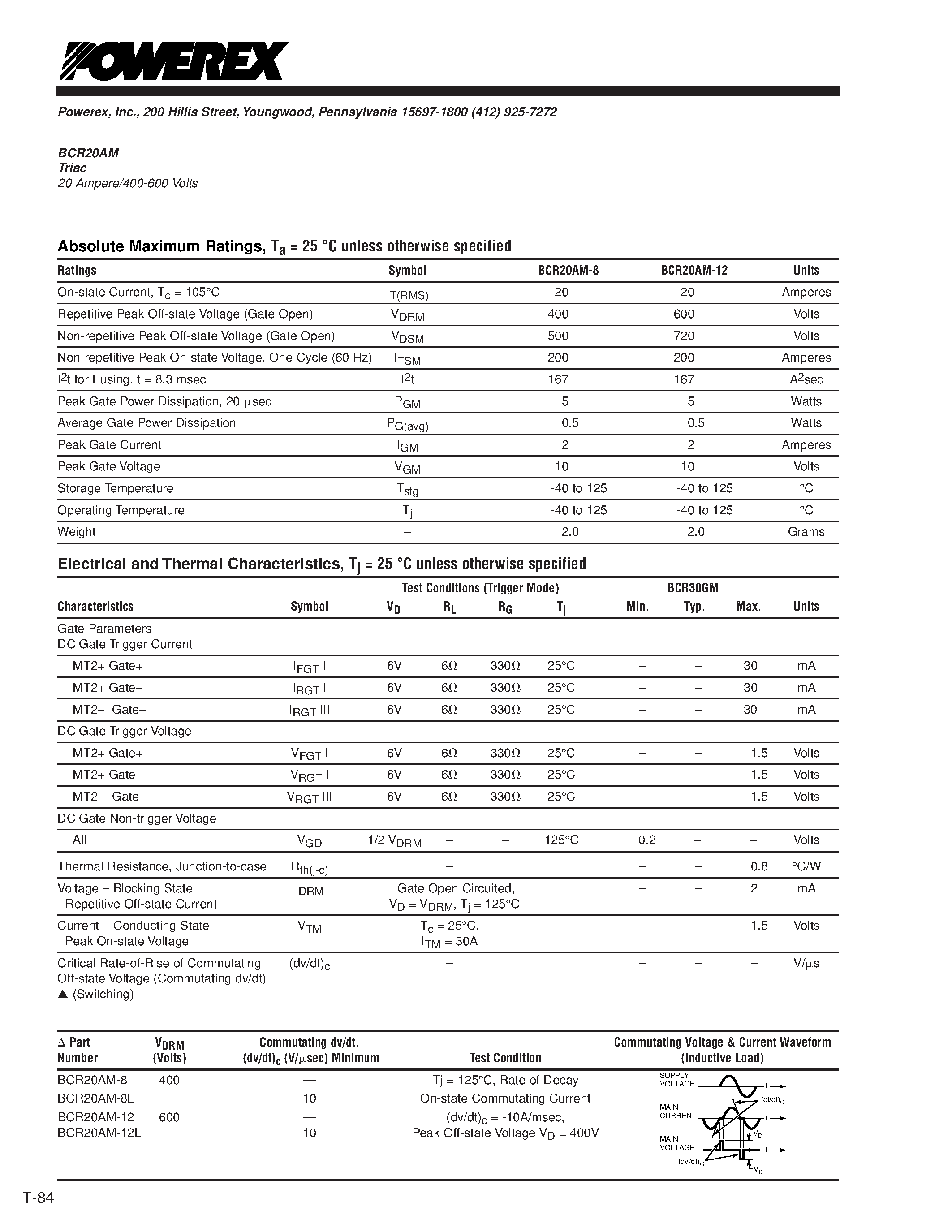 Datasheet BCR20AM-12L - Triac 20 Ampere/400-600 Volts page 2
