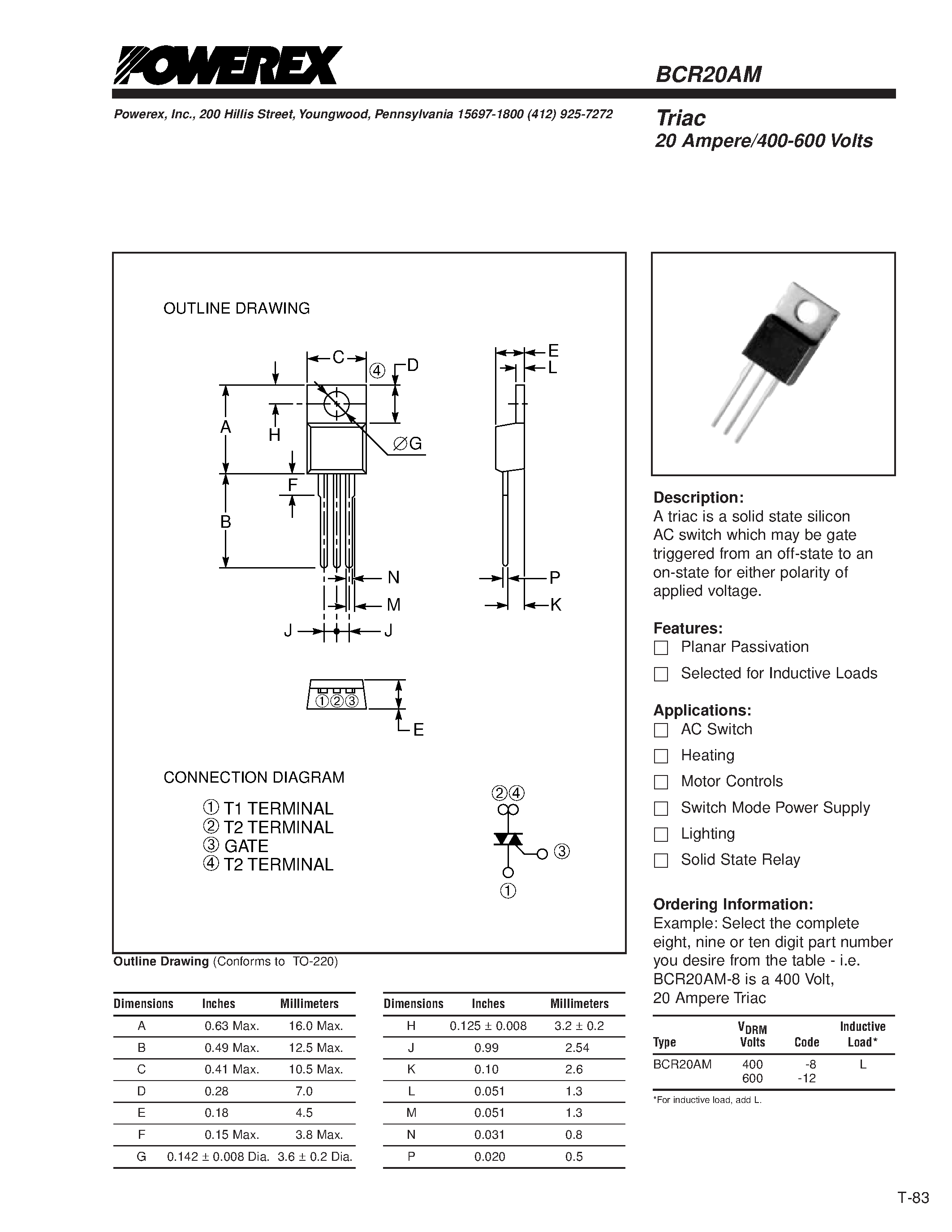 Datasheet BCR20AM-8 - Triac 20 Ampere/400-600 Volts page 1
