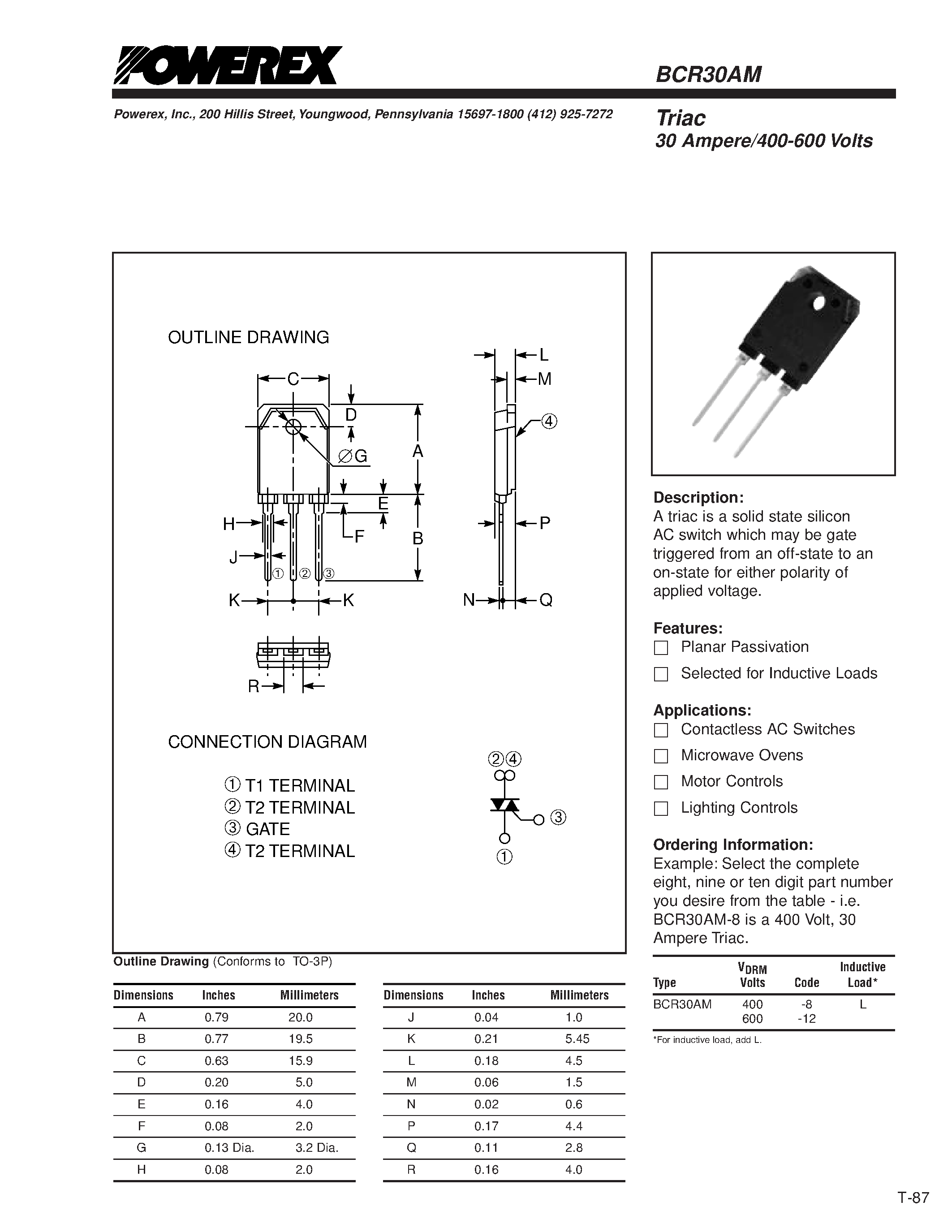 Datasheet BCR30AM page 1 Datasheet BCR30AM - Triac 30 Ampere/400-600 Volts page 1
