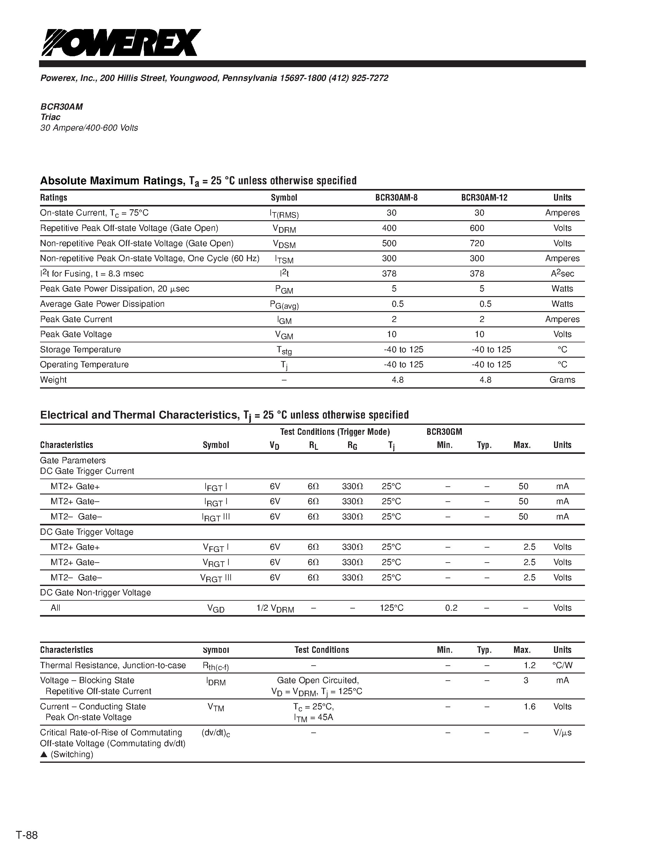 Datasheet BCR30AM-12 - Triac 30 Ampere/400-600 Volts page 2
