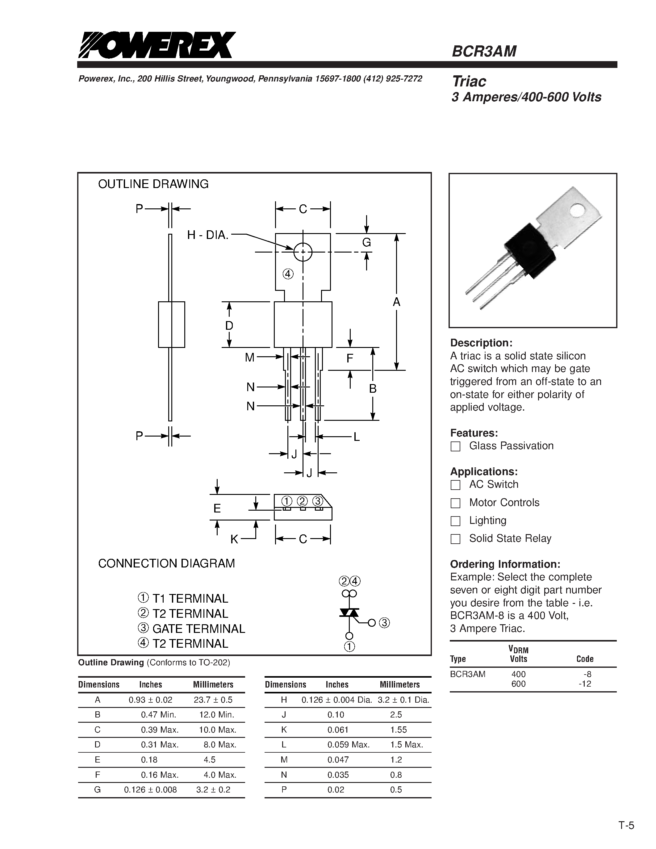 Datasheet BCR3AM - Triac 3 Amperes/400-600 Volts page 1
