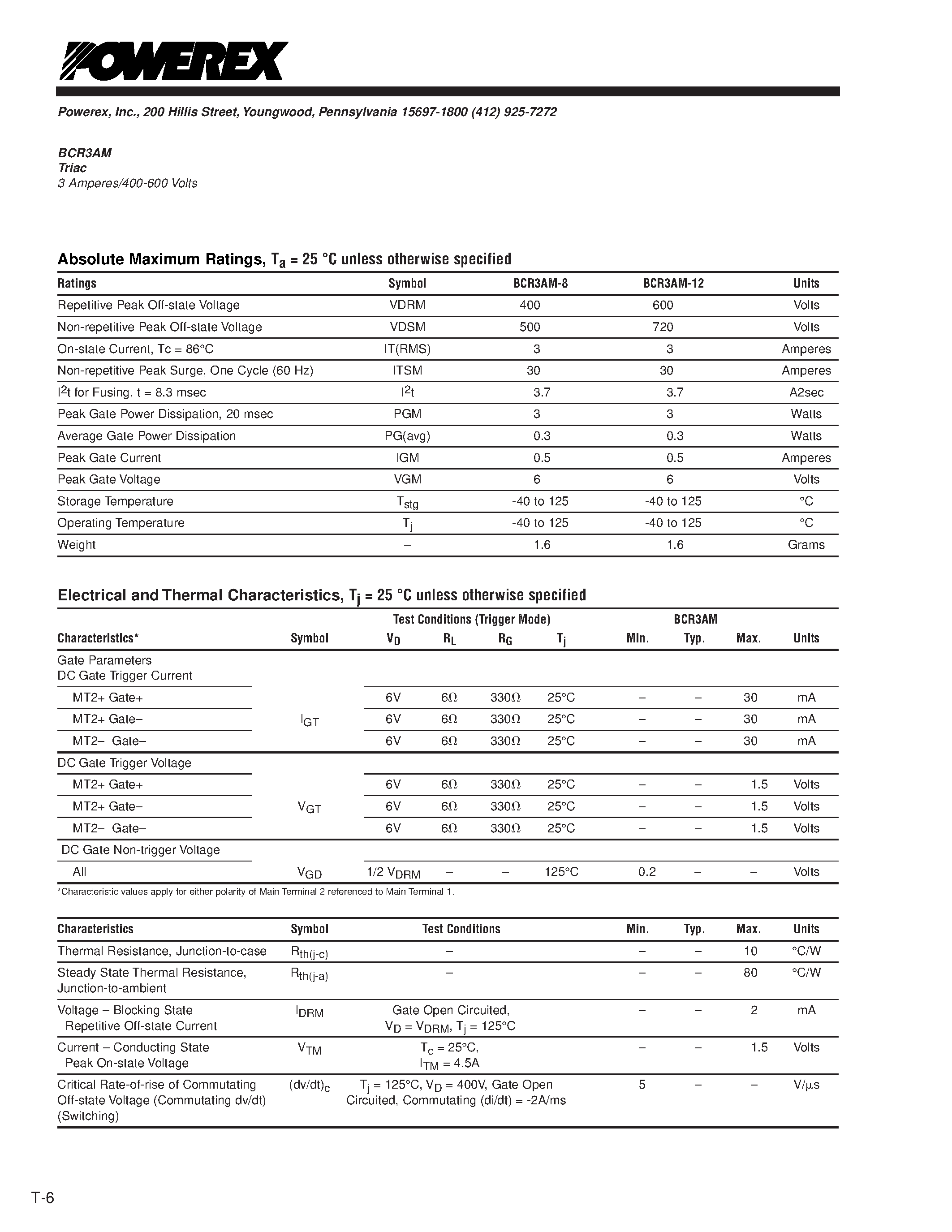 Datasheet BCR3AM-12 - Triac 3 Amperes/400-600 Volts page 2