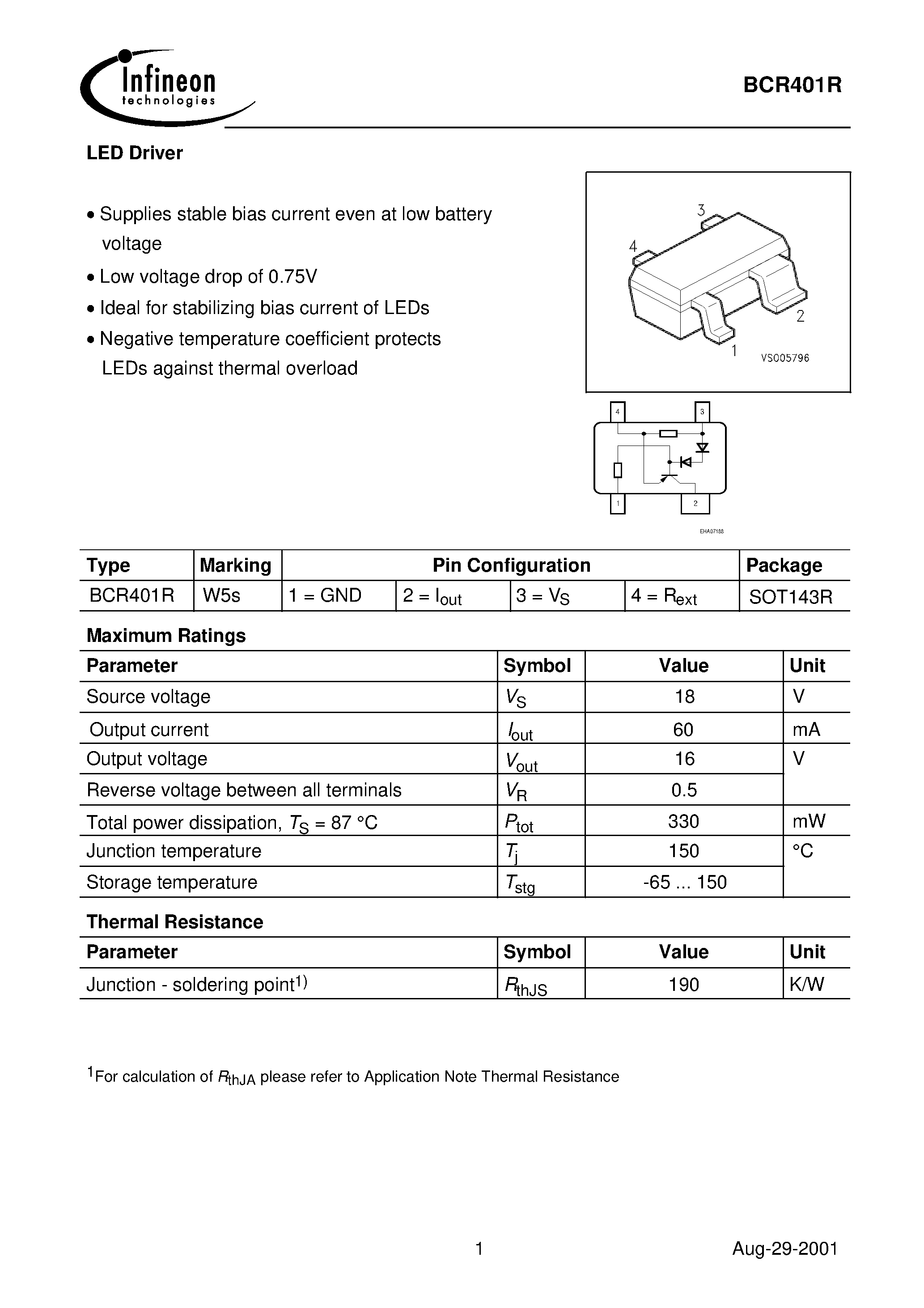 Datasheet BCR401 - LED Driver(Supplies stable bias current even at low battery voltage) page 1