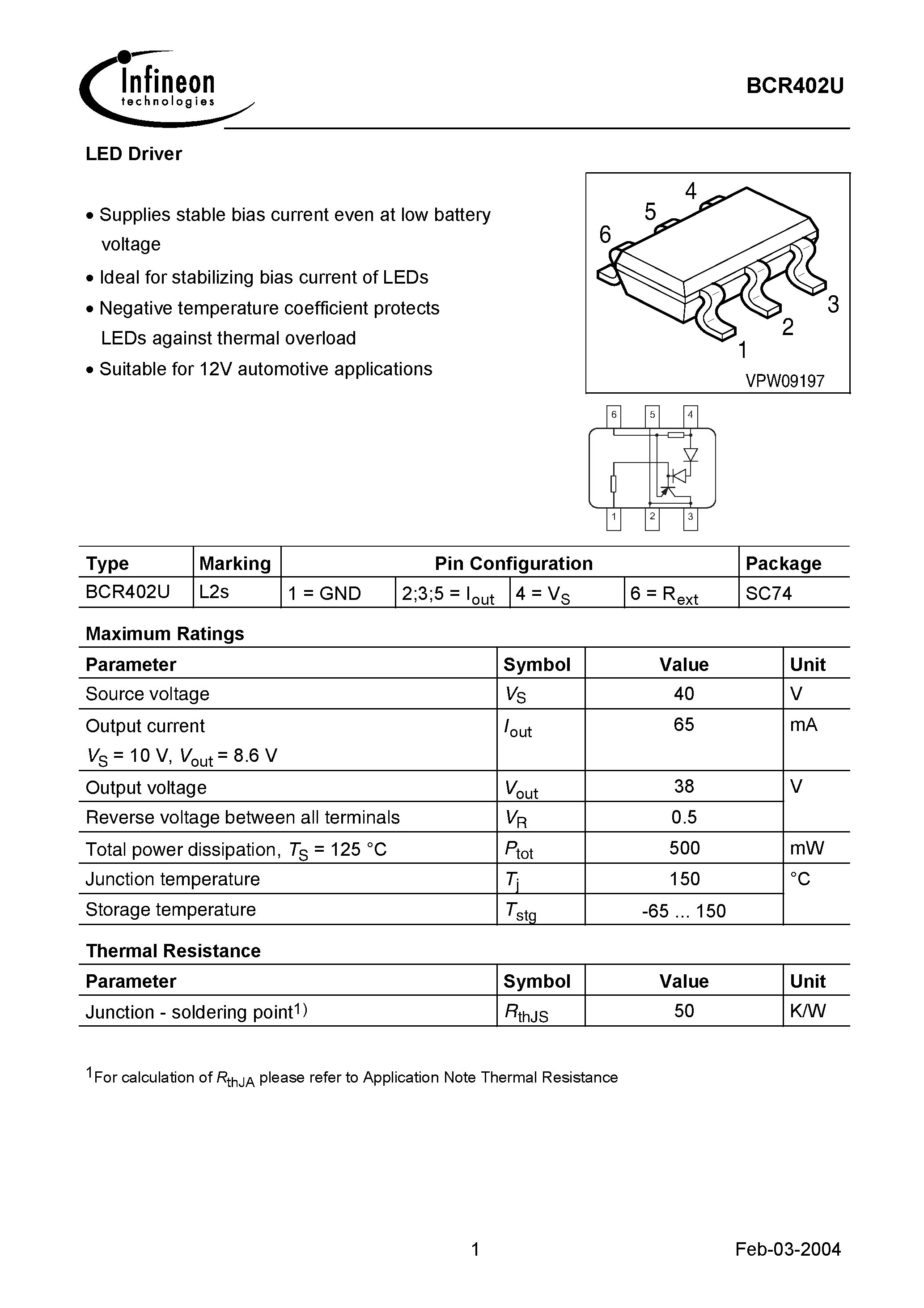 Datasheet BCR402U - Light Emitting Diode (LED) Driver IC Provides Constant LED Current Independent of Supply Voltage Variation page 1