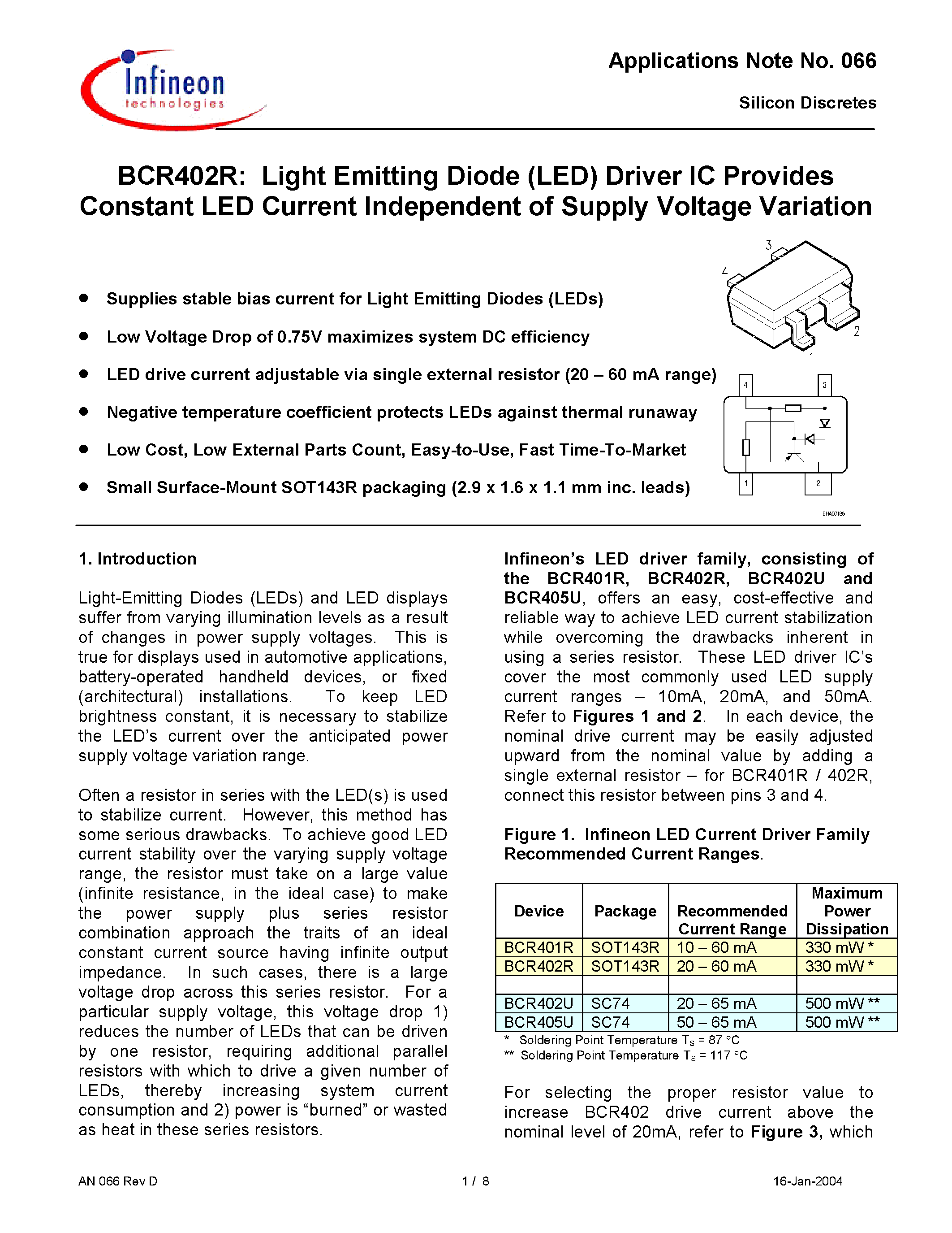Datasheet BCR405U - Light Emitting Diode (LED) Driver IC Provides Constant LED Current Independent of Supply Voltage Variation page 1