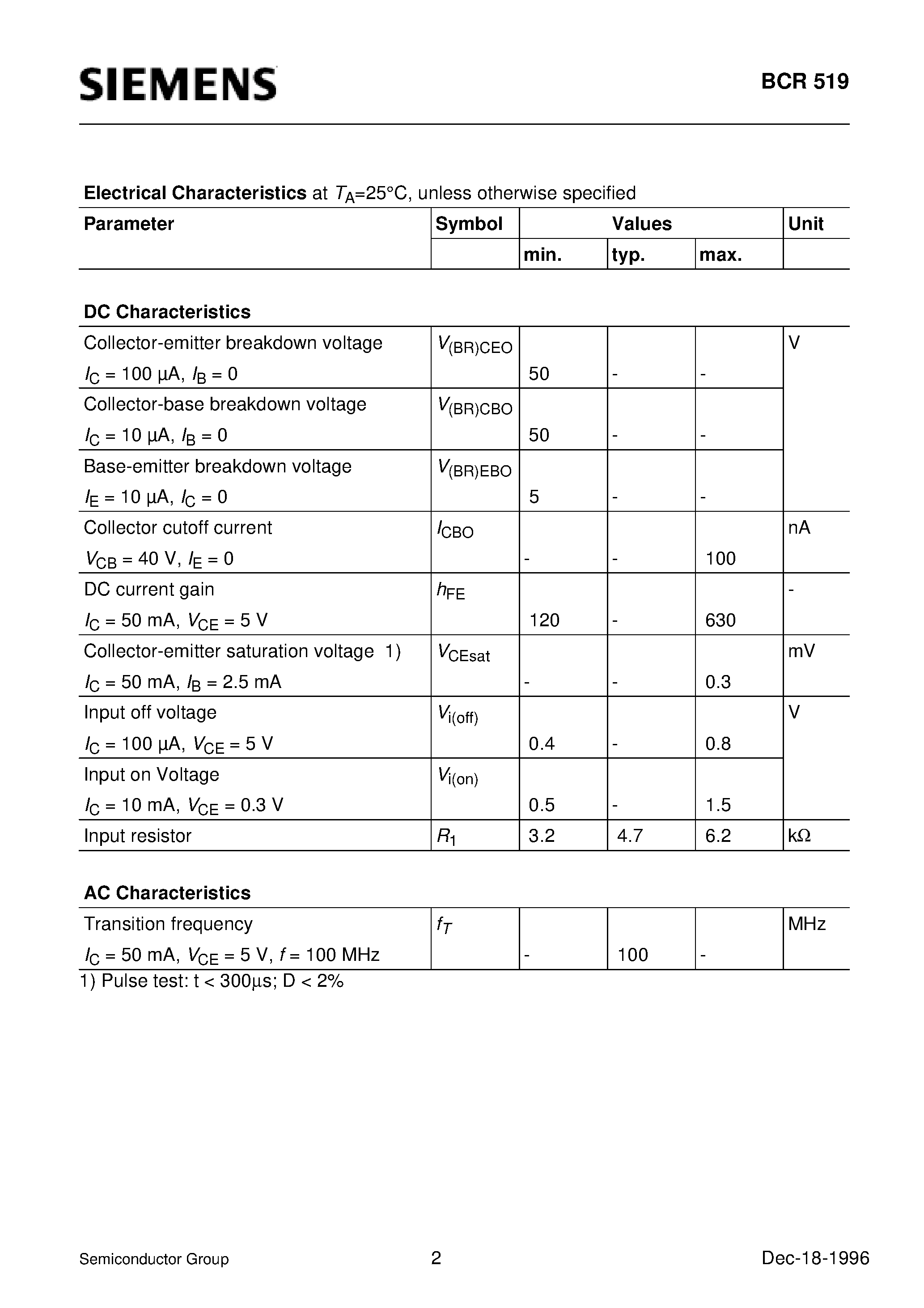 Даташит BCR519 - NPN Silicon Digital Transistor (Switching circuit/ inverter/ interface circuit/ driver circuit) страница 2