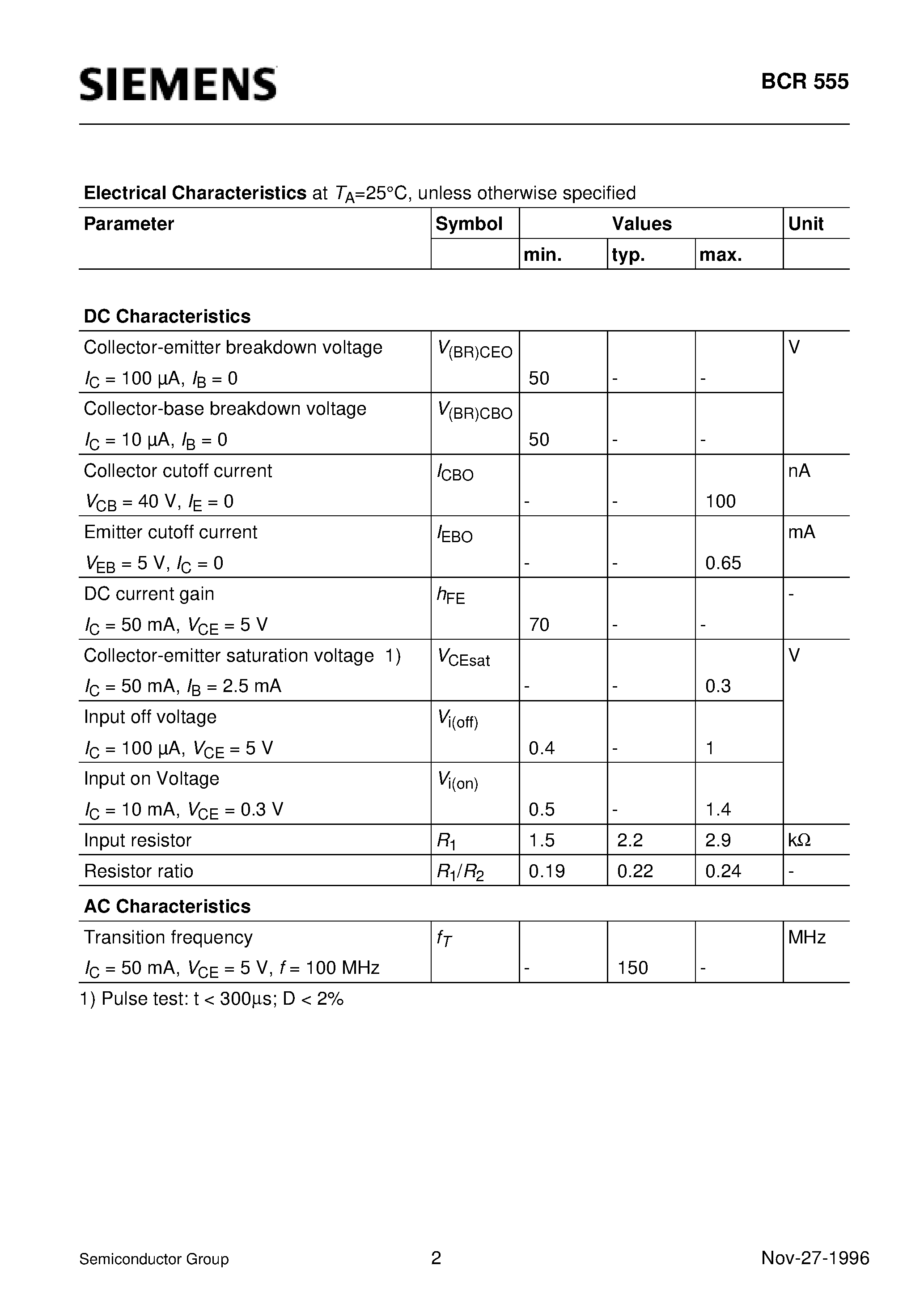 Даташит на микросхему BCR555 страница 2 Даташит BCR555 - PNP Silicon Digital Transistor (Switching circuit/ inverter/ interface circuit/ driver circuit) страница 2