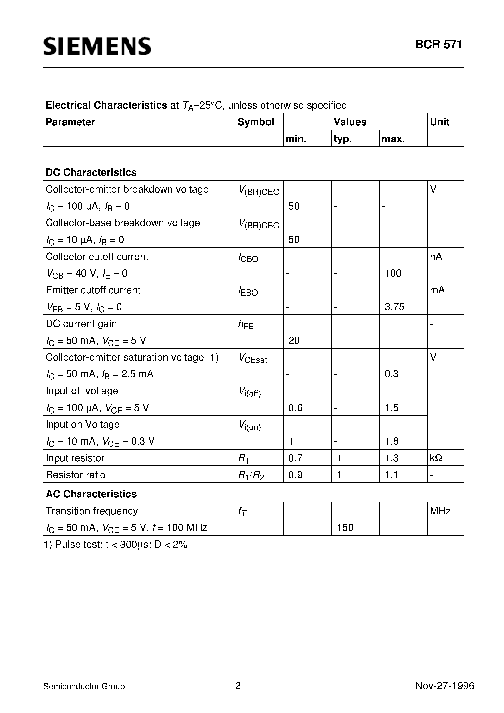 Даташит на микросхему BCR571 страница 2 Даташит BCR571 - PNP Silicon Digital Transistor (Switching circuit/ inverter/ interface circuit/ driver circuit) страница 2
