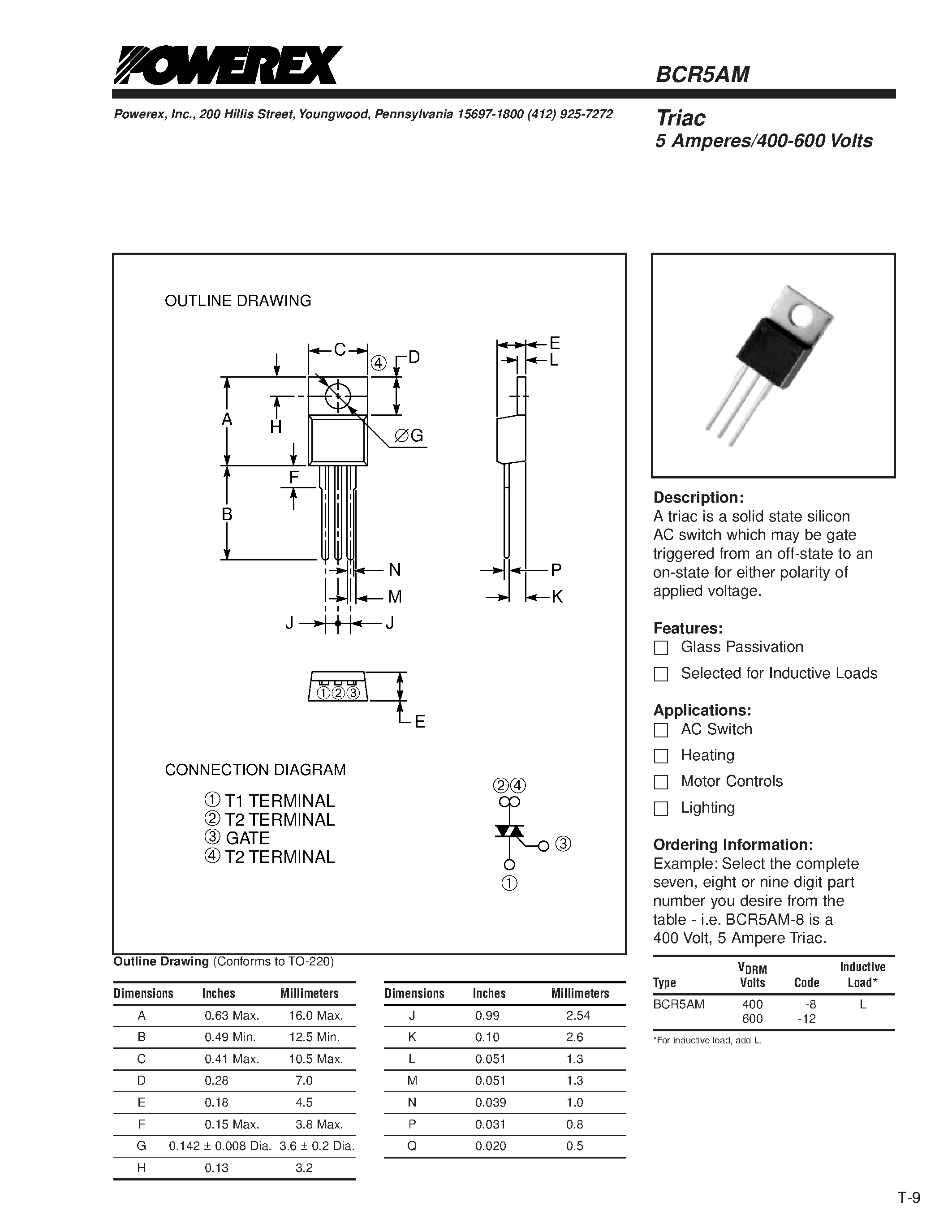 Datasheet BCR5AM - Triac 5 Amperes/400-600 Volts page 1