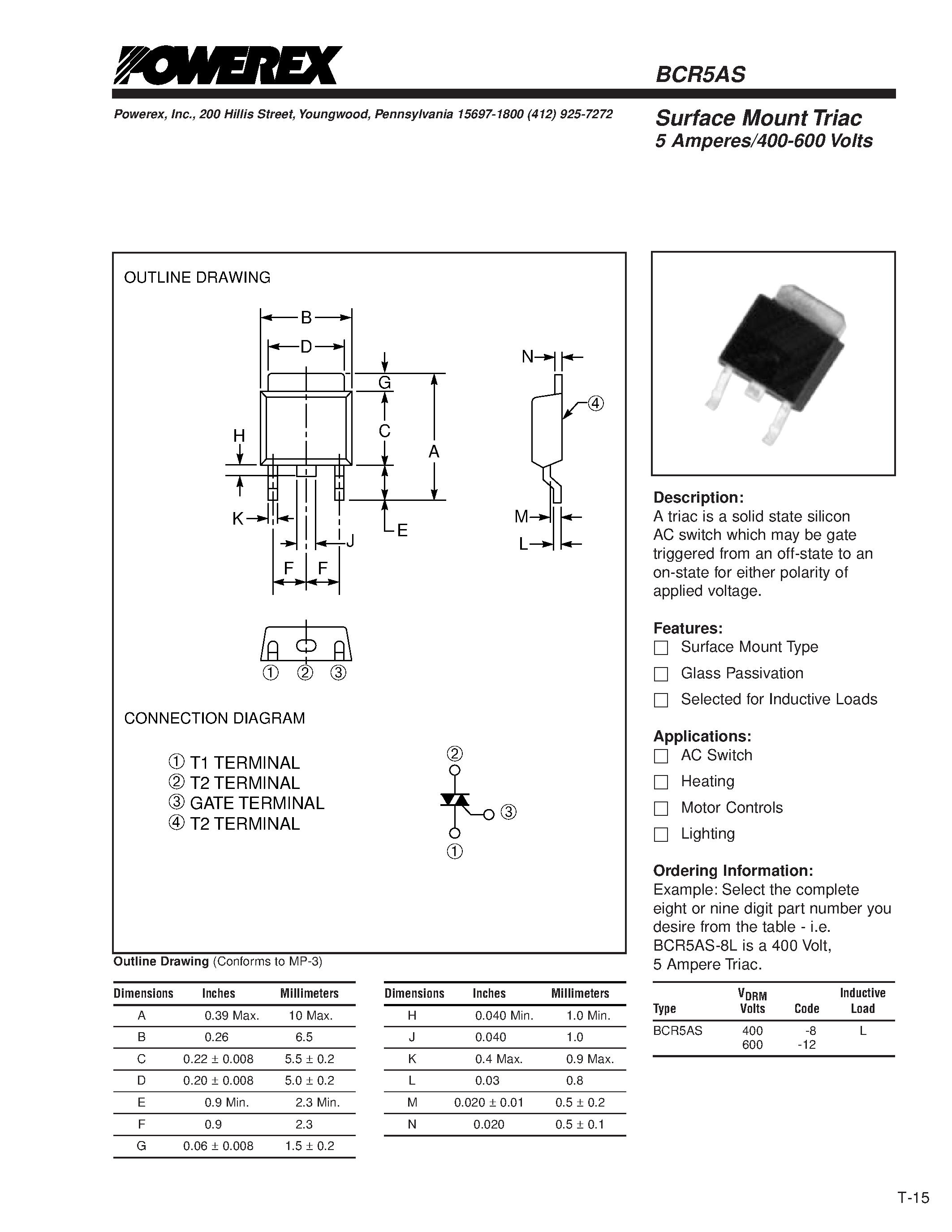 Datasheet BCR5AS-12 - Surface Mount Triac 5 Amperes/400-600 Volts page 1