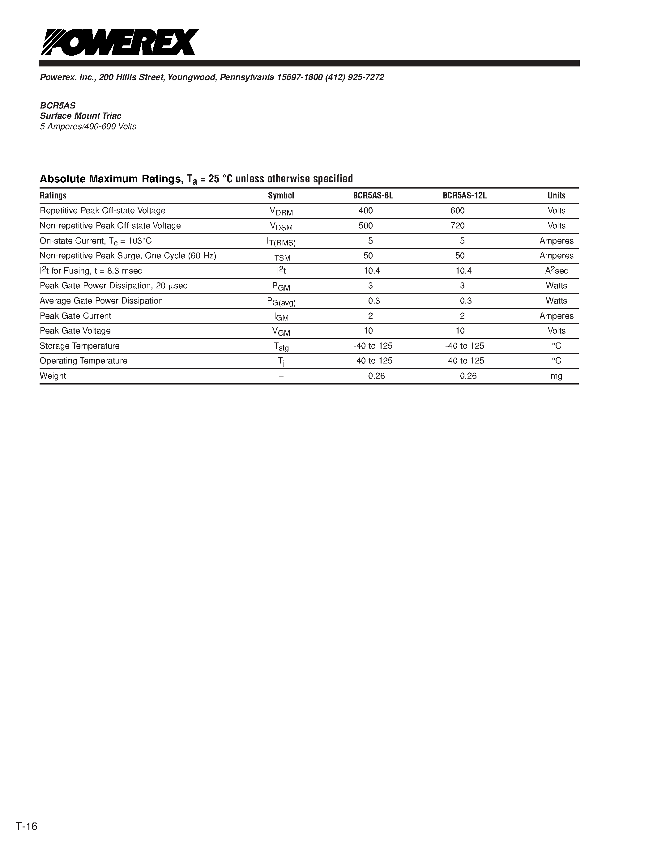 Datasheet BCR5AS-8L page 2 Datasheet BCR5AS-8L - Surface Mount Triac 5 Amperes/400-600 Volts page 2