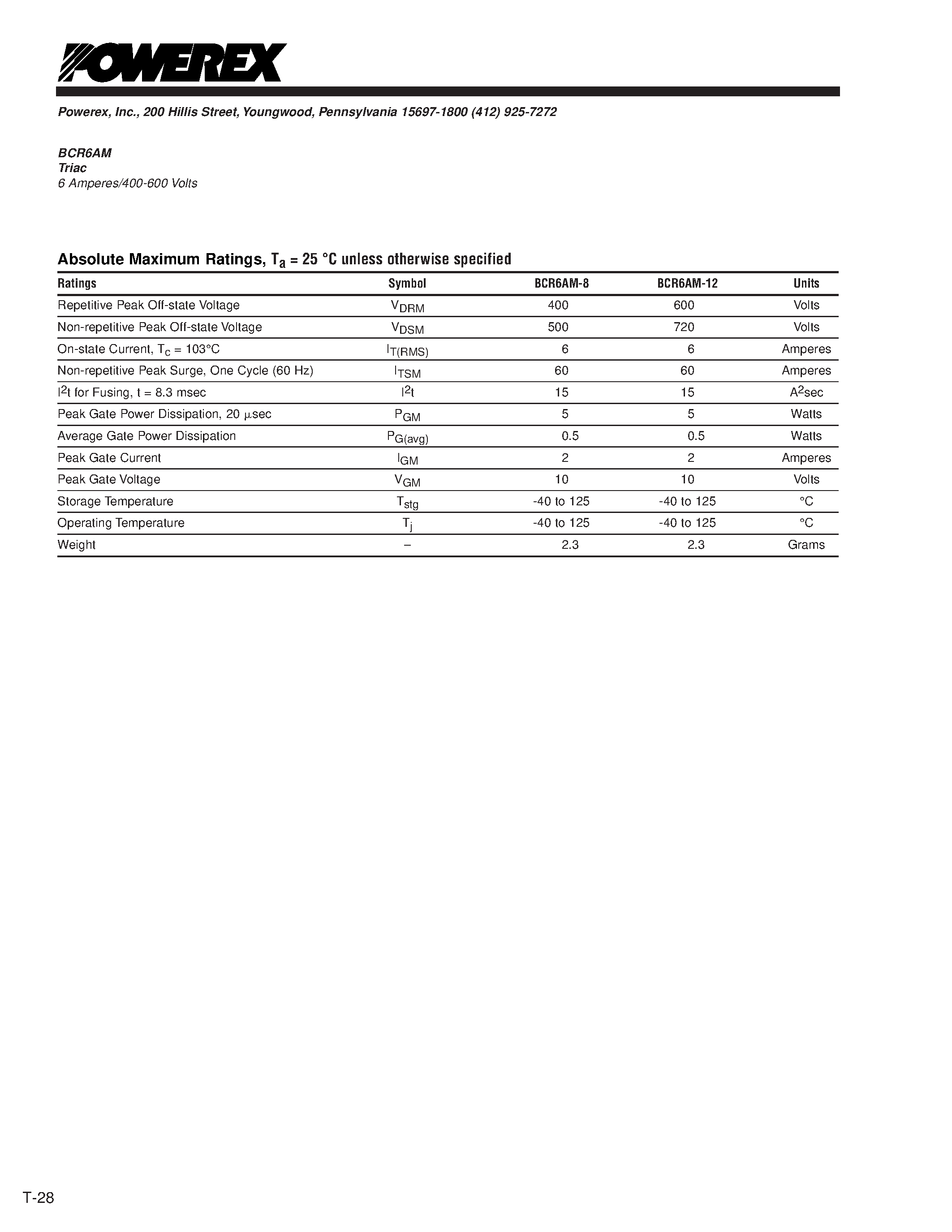 Datasheet BCR6 - Triac 6 Amperes/400-600 Volts page 2