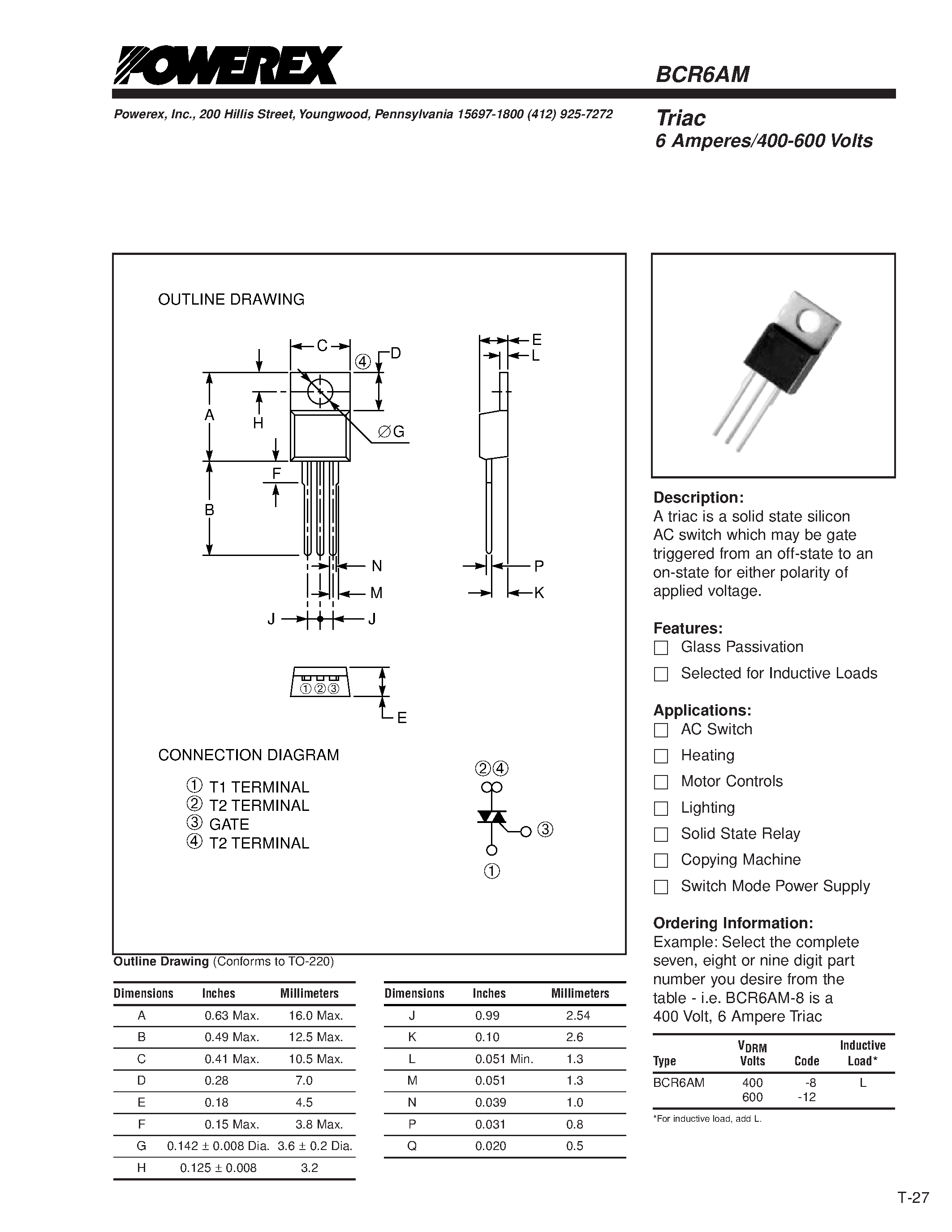 Datasheet BCR6AM-8 - Triac 6 Amperes/400-600 Volts page 1