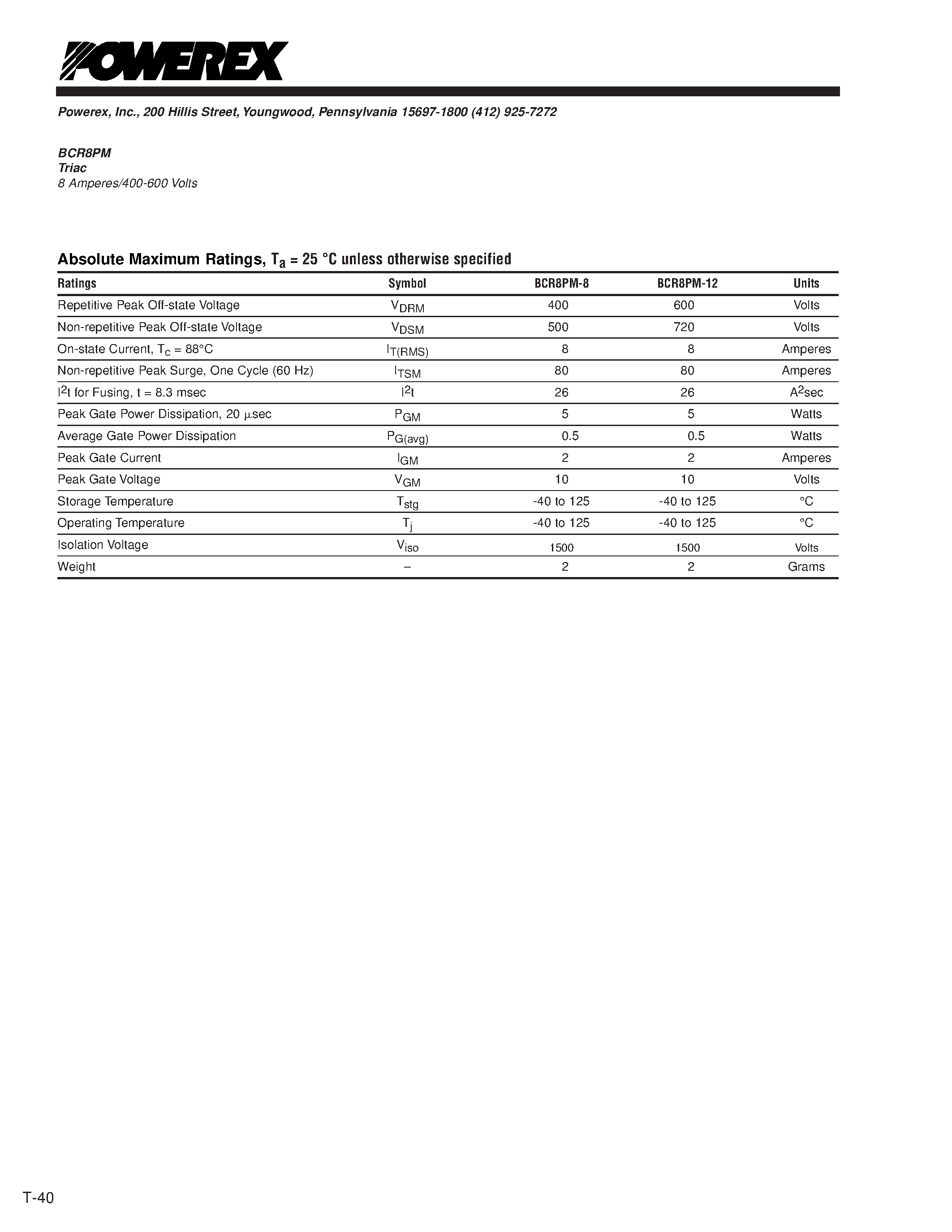 Datasheet BCR8PM-8L - Triac 8 Amperes/400-600 Volts page 2