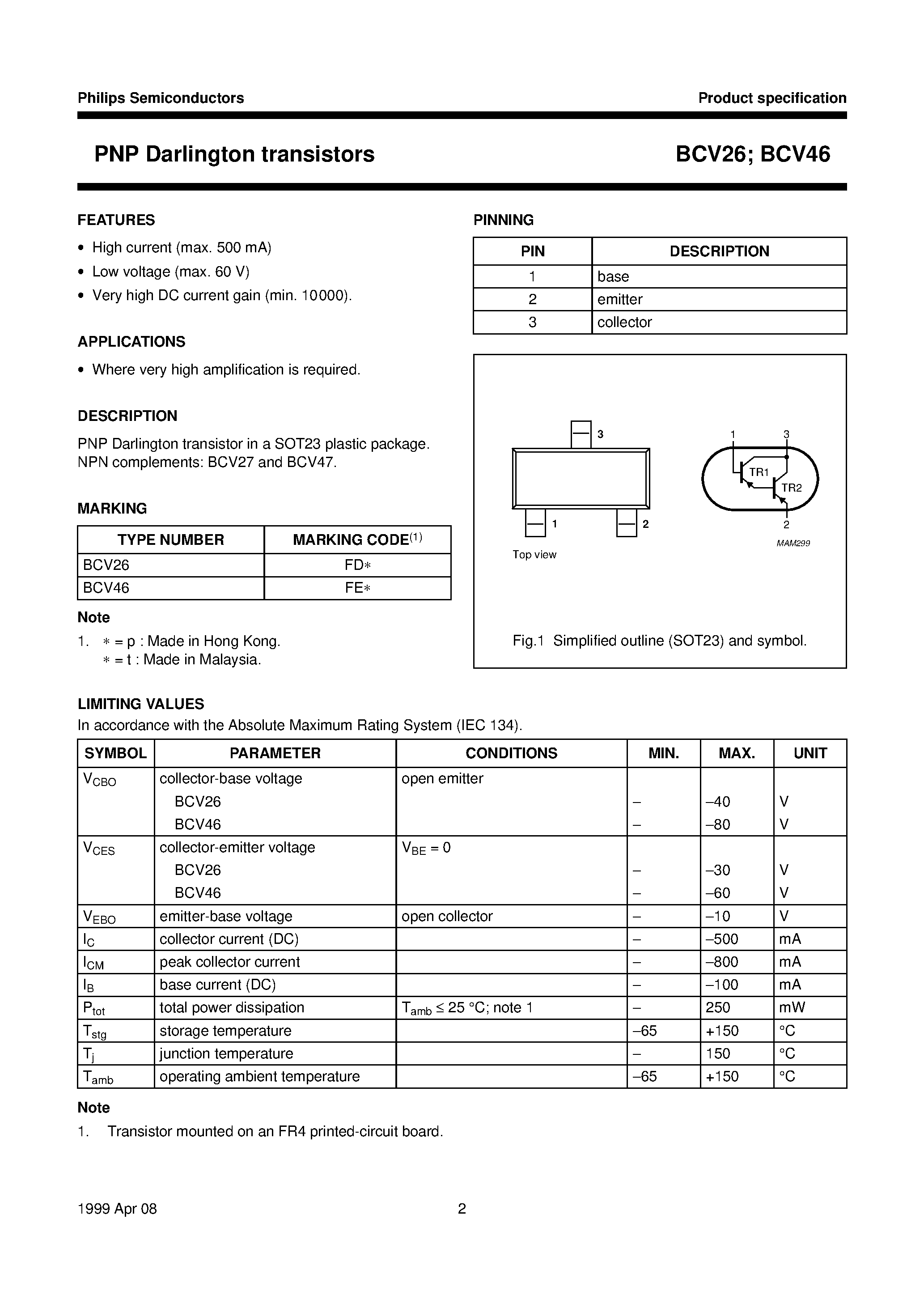 Даташит BCV26 - PNP Darlington transistors страница 2