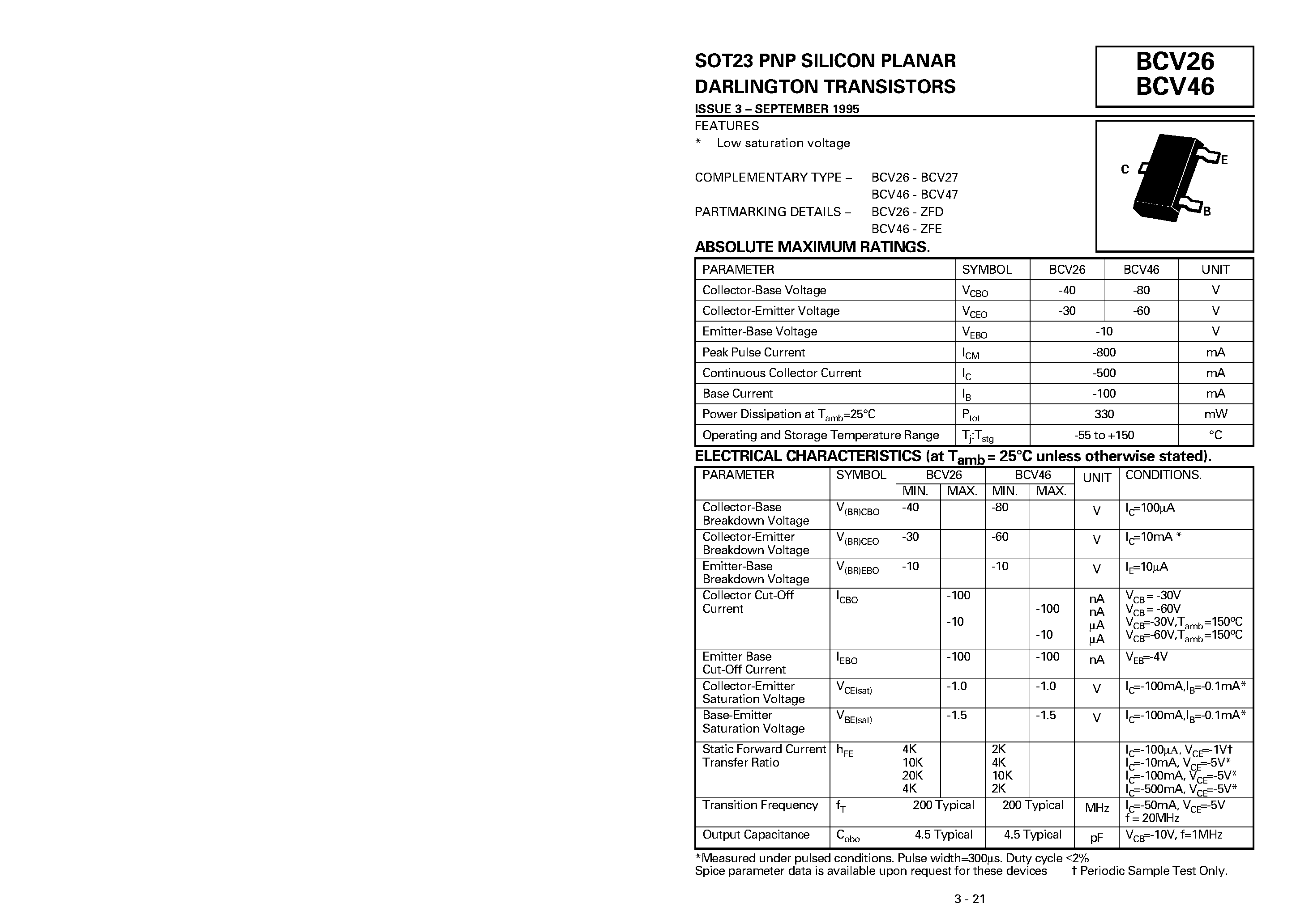 Даташит BCV26 - PNP SILICON PLANAR DARLINGTON TRANSISTORS страница 1