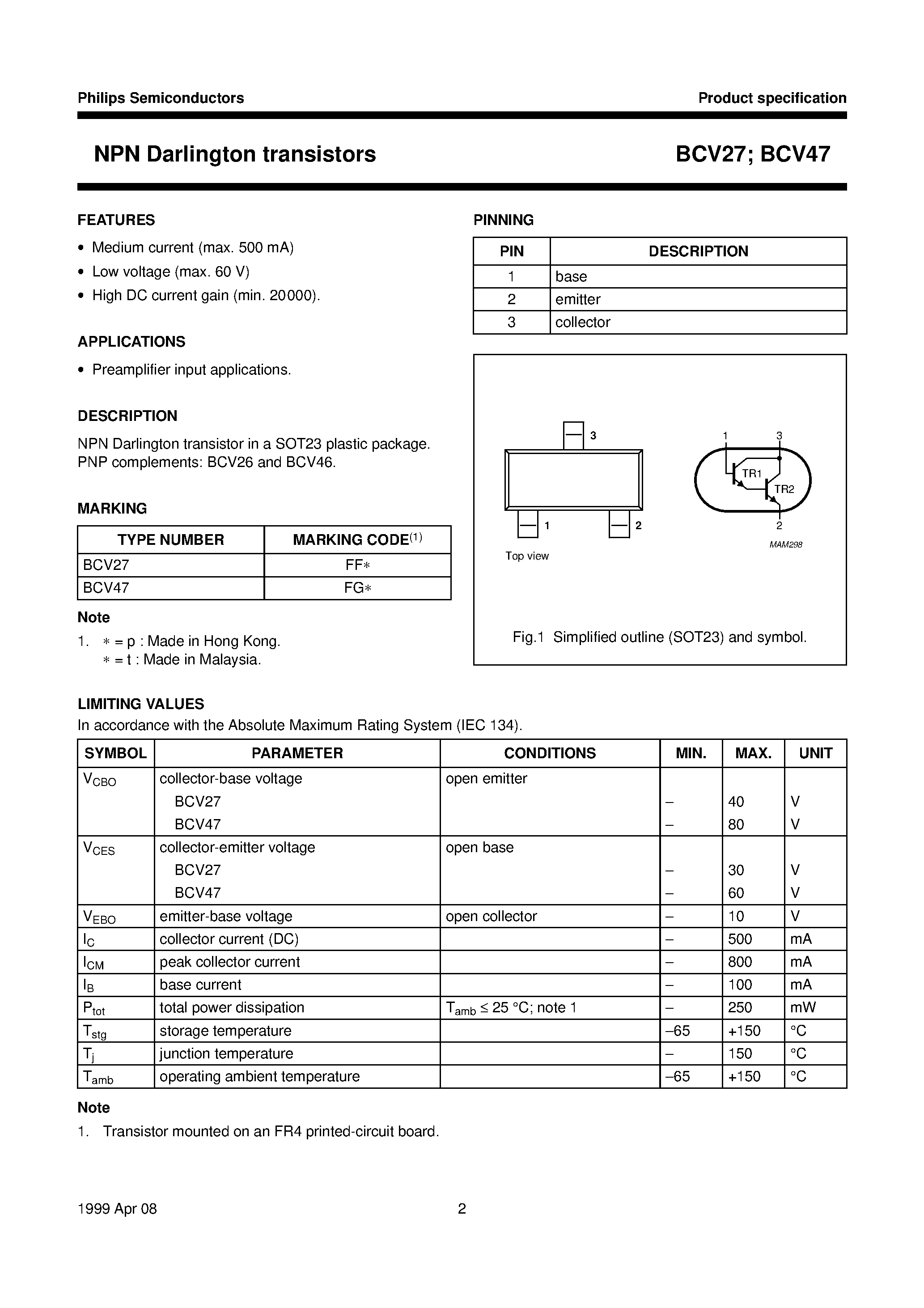 Даташит BCV27 - NPN Darlington transistors страница 2