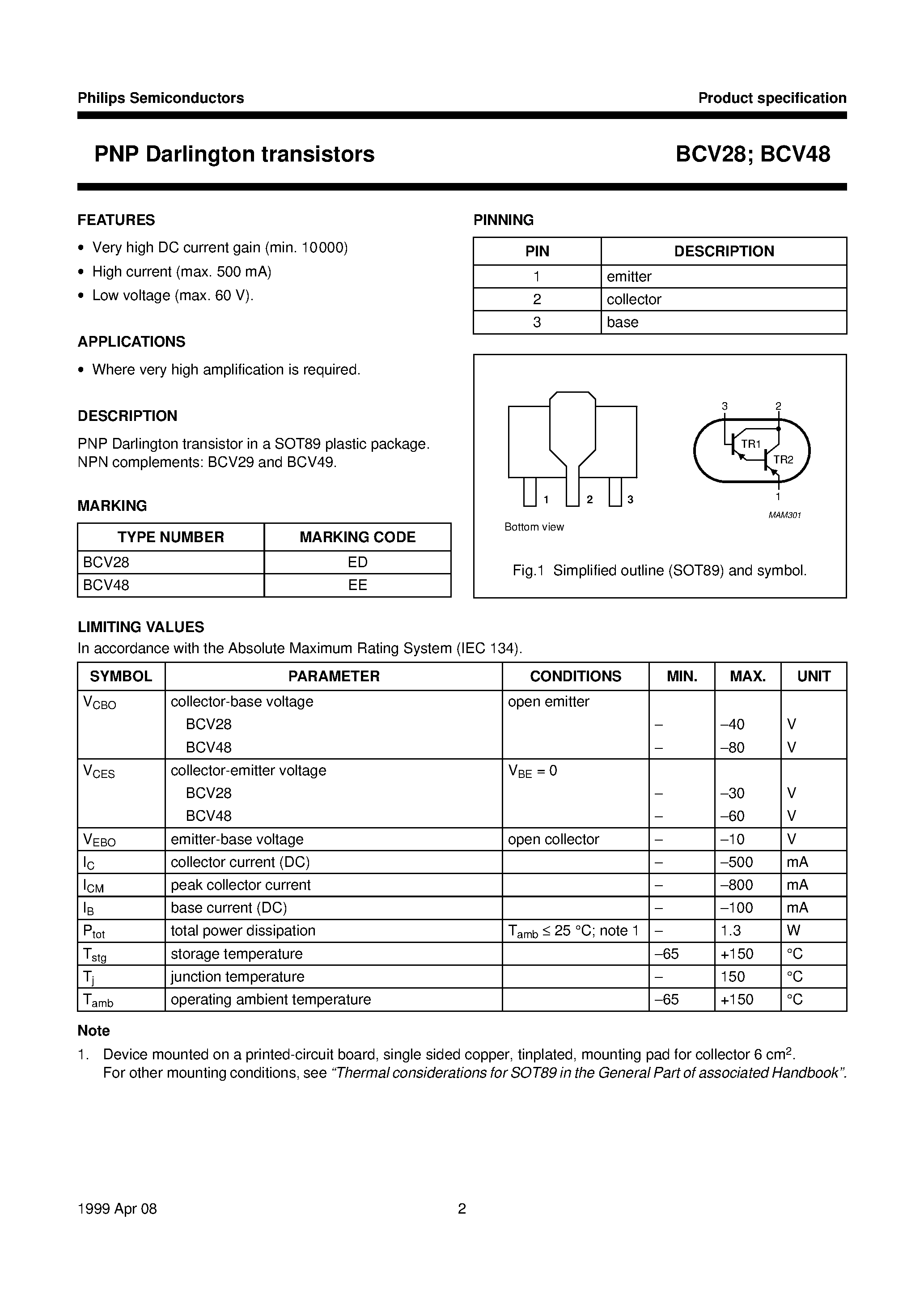 Даташит BCV28 - PNP Darlington transistors страница 2