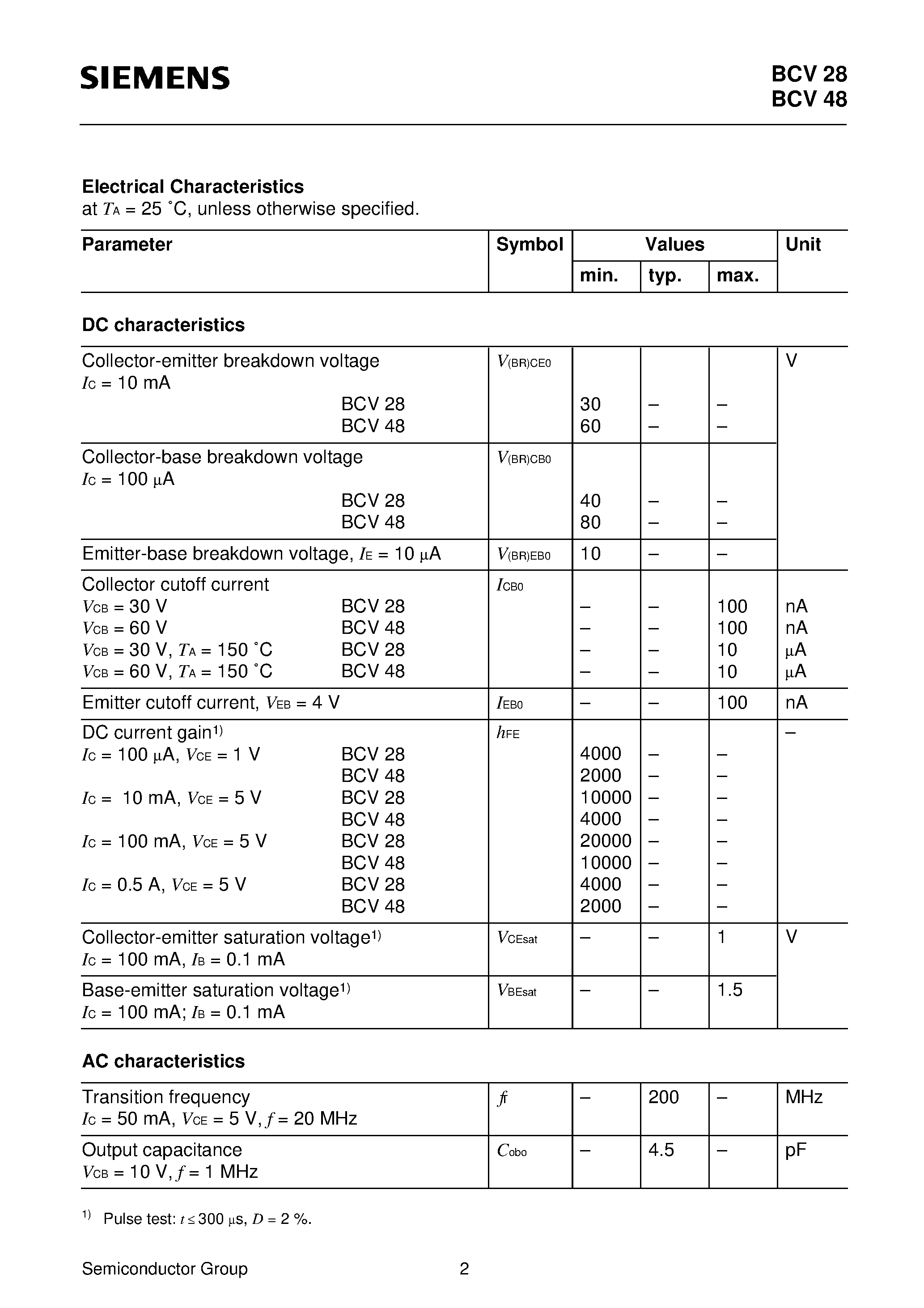 Даташит BCV28 - PNP Silicon Darlington Transistors (For general AF applications High collector current) страница 2