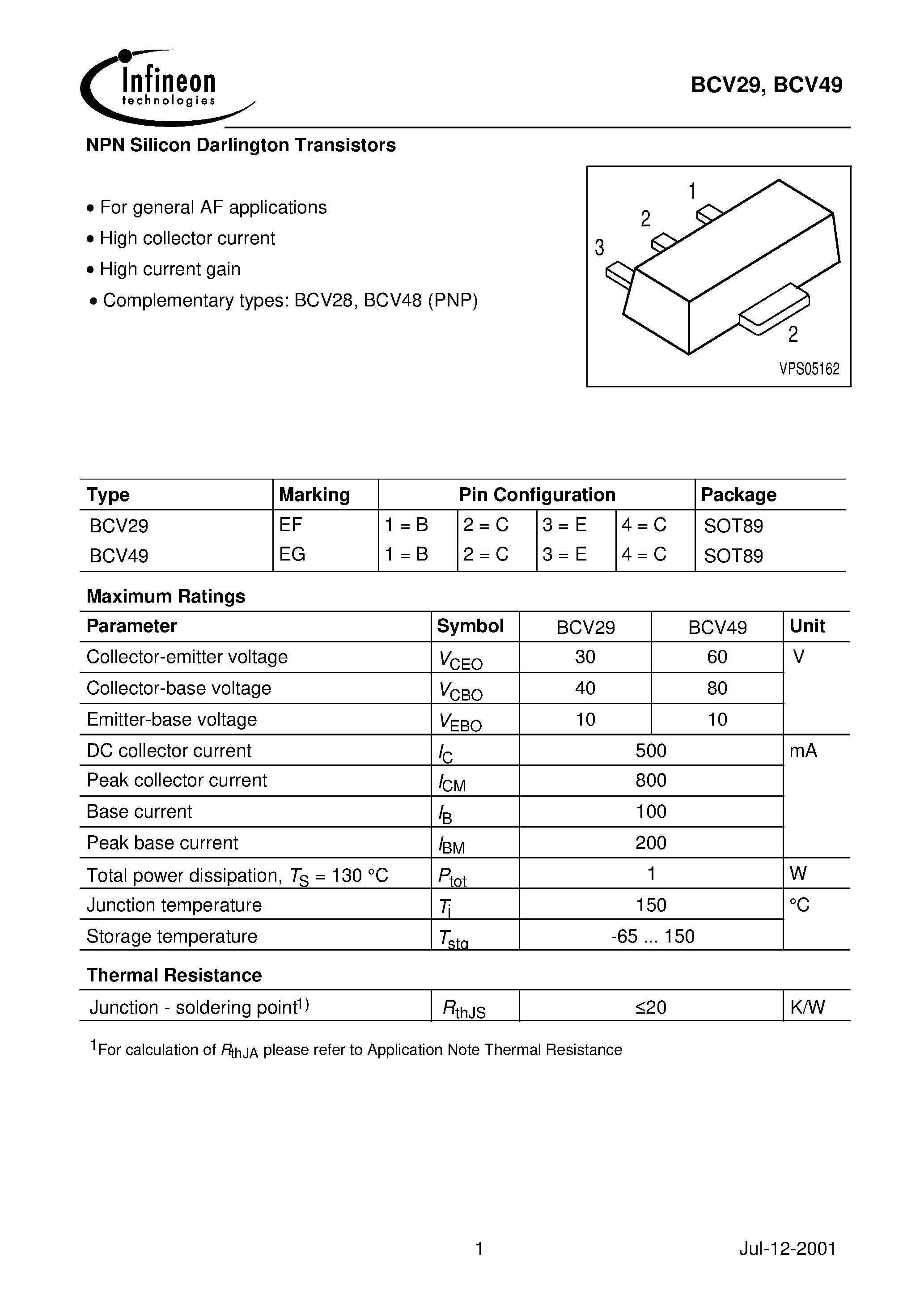 Даташит BCV29 - NPN Silicon Darlington Transistors страница 1