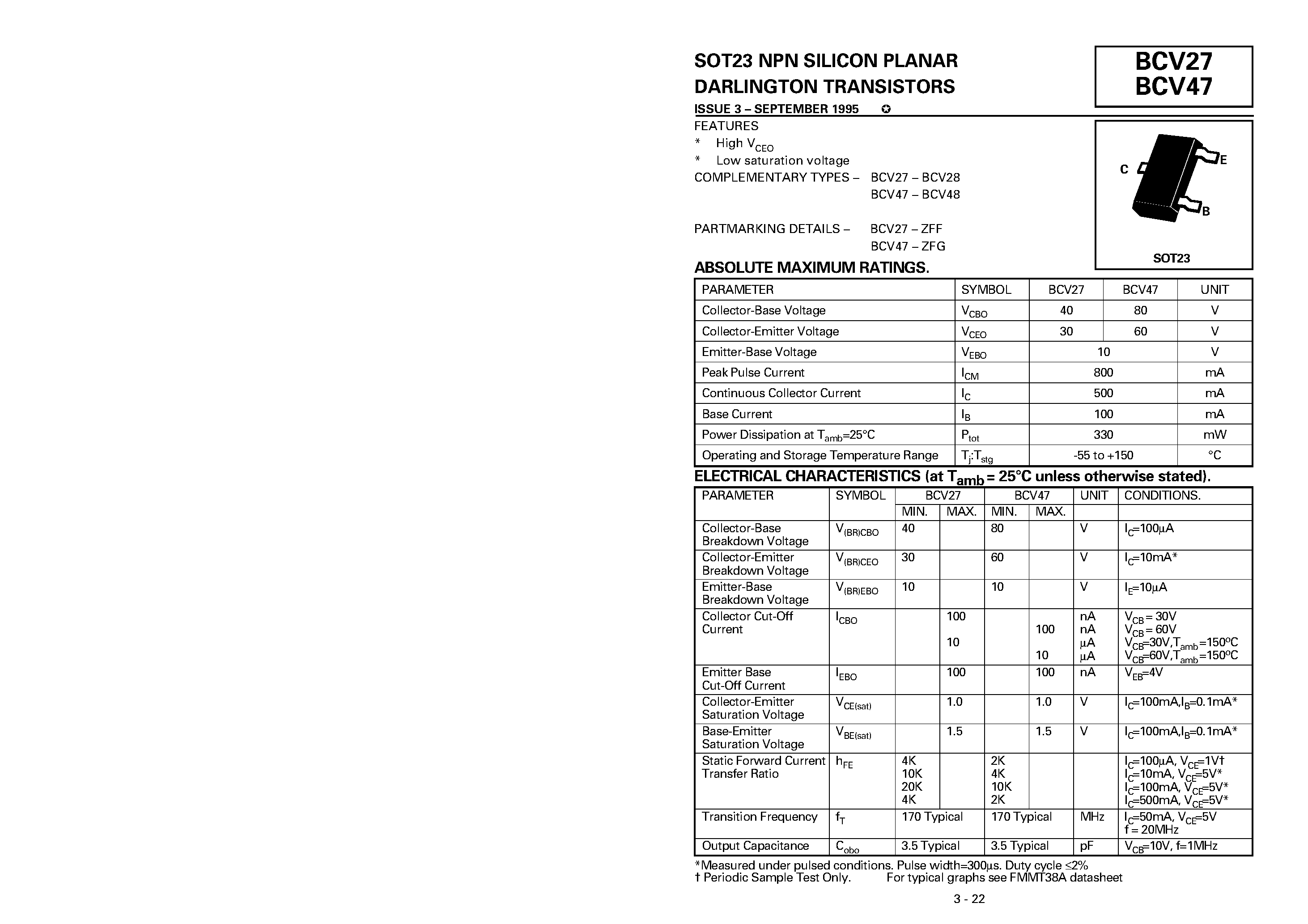 Даташит BCV47 - NPN SILICON PLANAR DARLINGTON TRANSISTORS страница 1