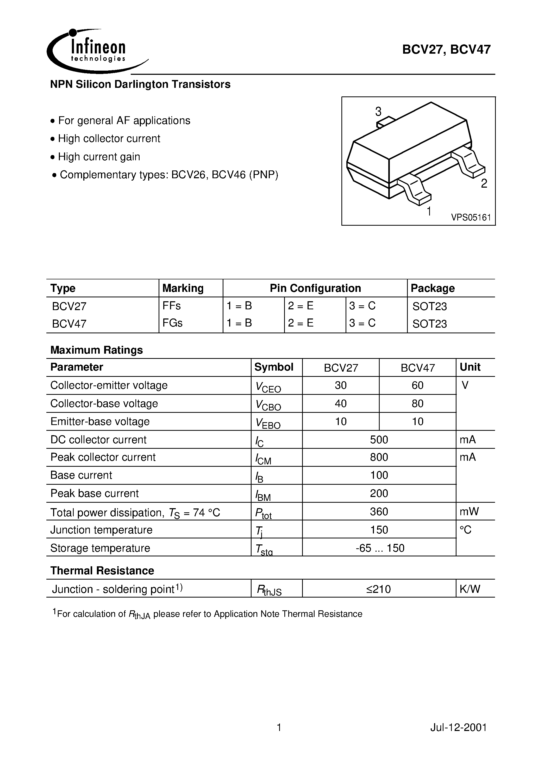 Даташит BCV47 - NPN Silicon Darlington Transistors страница 1