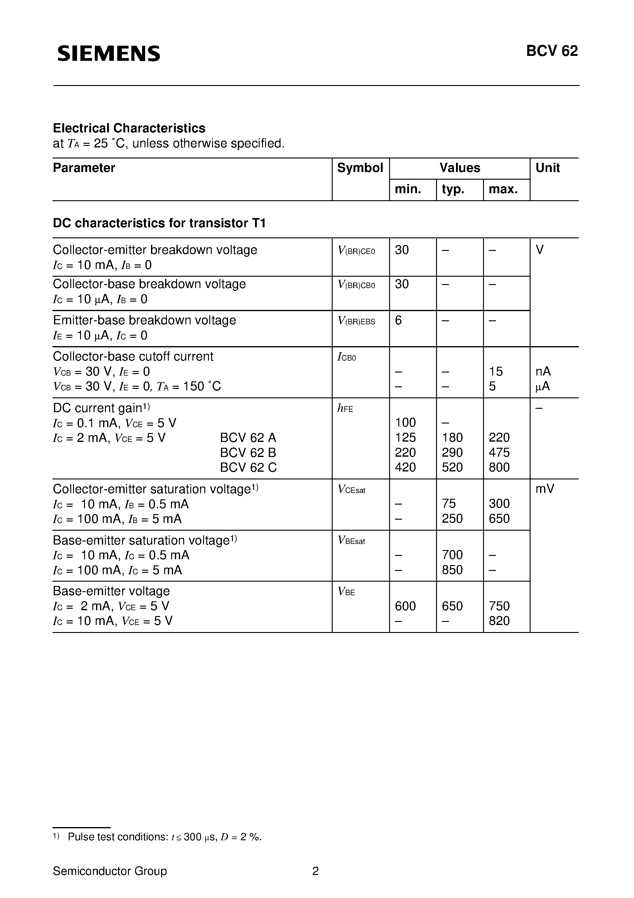 Даташит BCV62A - PNP Silicon Double Transistors (To be used as a current mirror Good thermal coupling and VBE matching) страница 2
