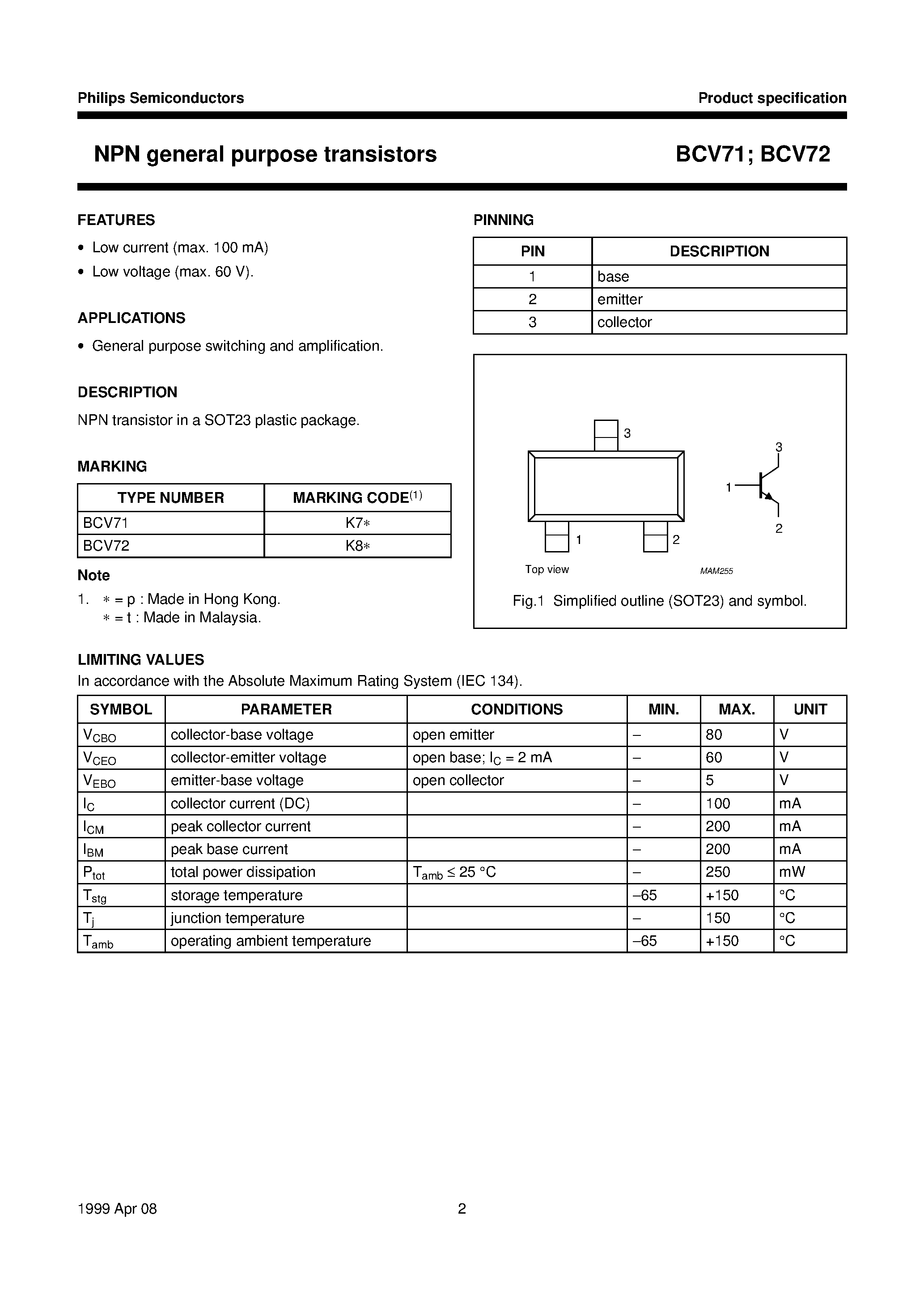 Даташит BCV72 - NPN general purpose transistors страница 2