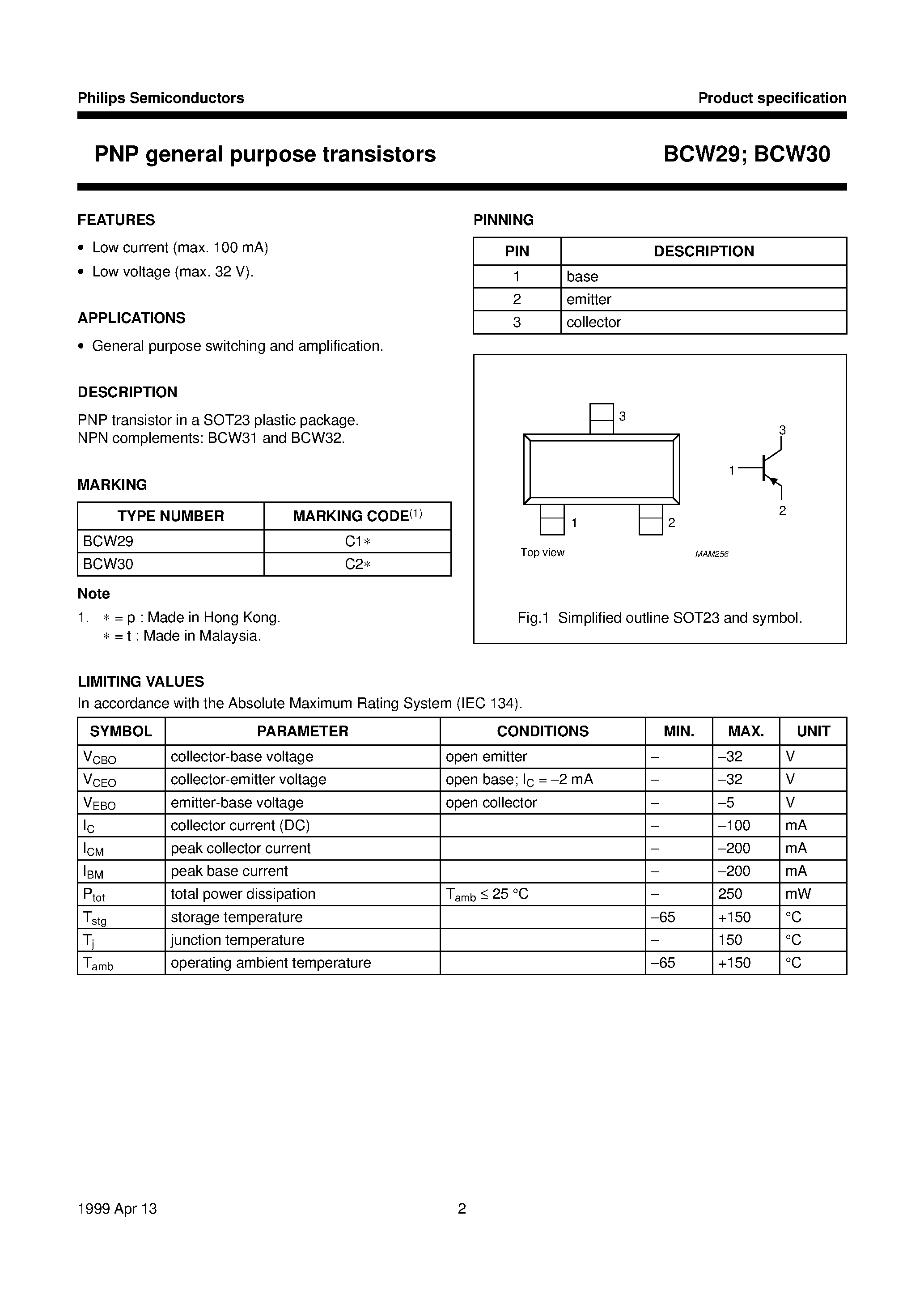 Datasheet BCW29 page 2 Datasheet BCW29 - PNP general purpose transistors page 2