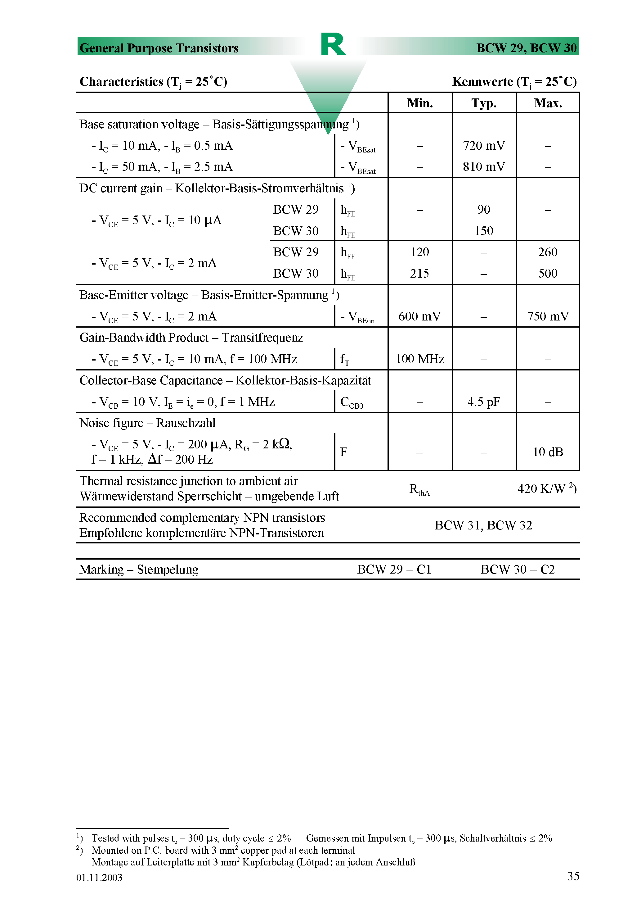 Даташит BCW29 - Surface mount Si-Epitaxial PlanarTransistors страница 2