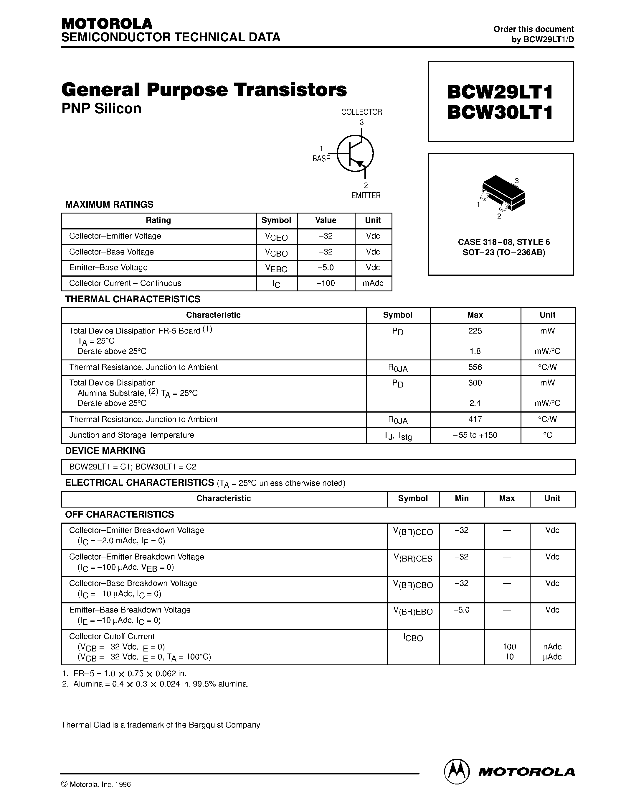 Даташит BCW29LT1 - General Purpose Transistors страница 1