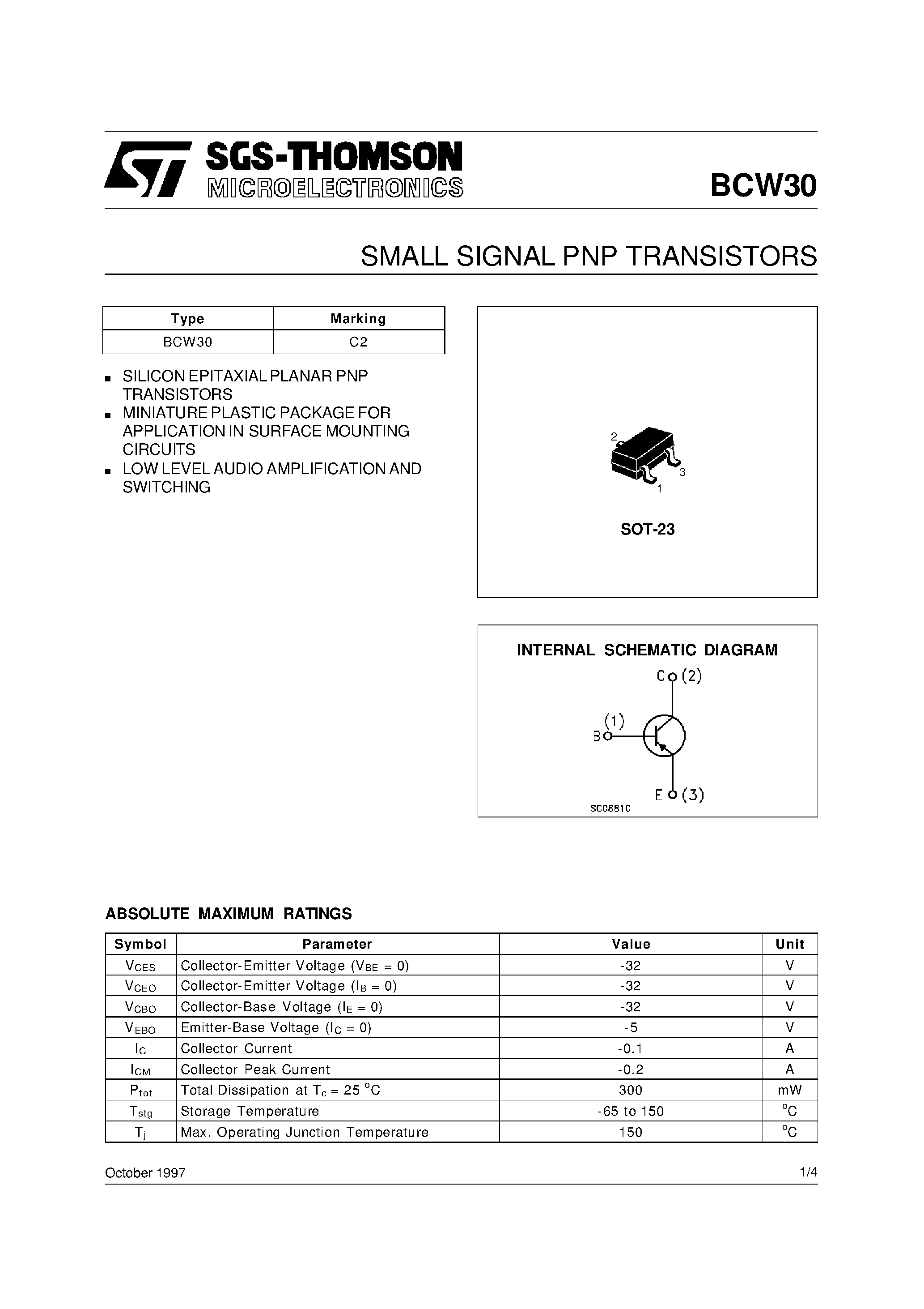 Даташит BCW30 - SMALL SIGNAL PNP TRANSISTORS страница 1