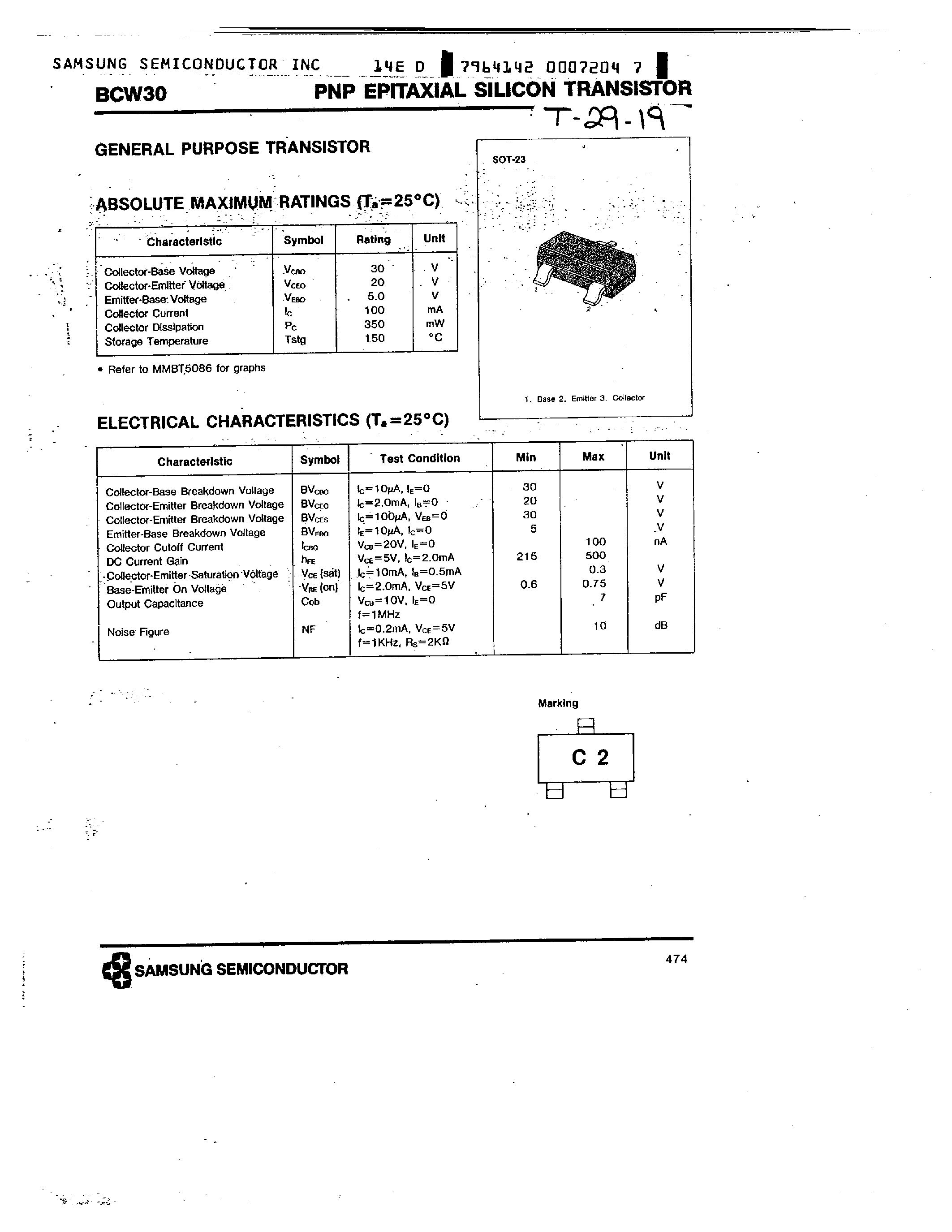Даташит BCW30 - PNP EPITAXIAL SILICON TRANSISTOR страница 1