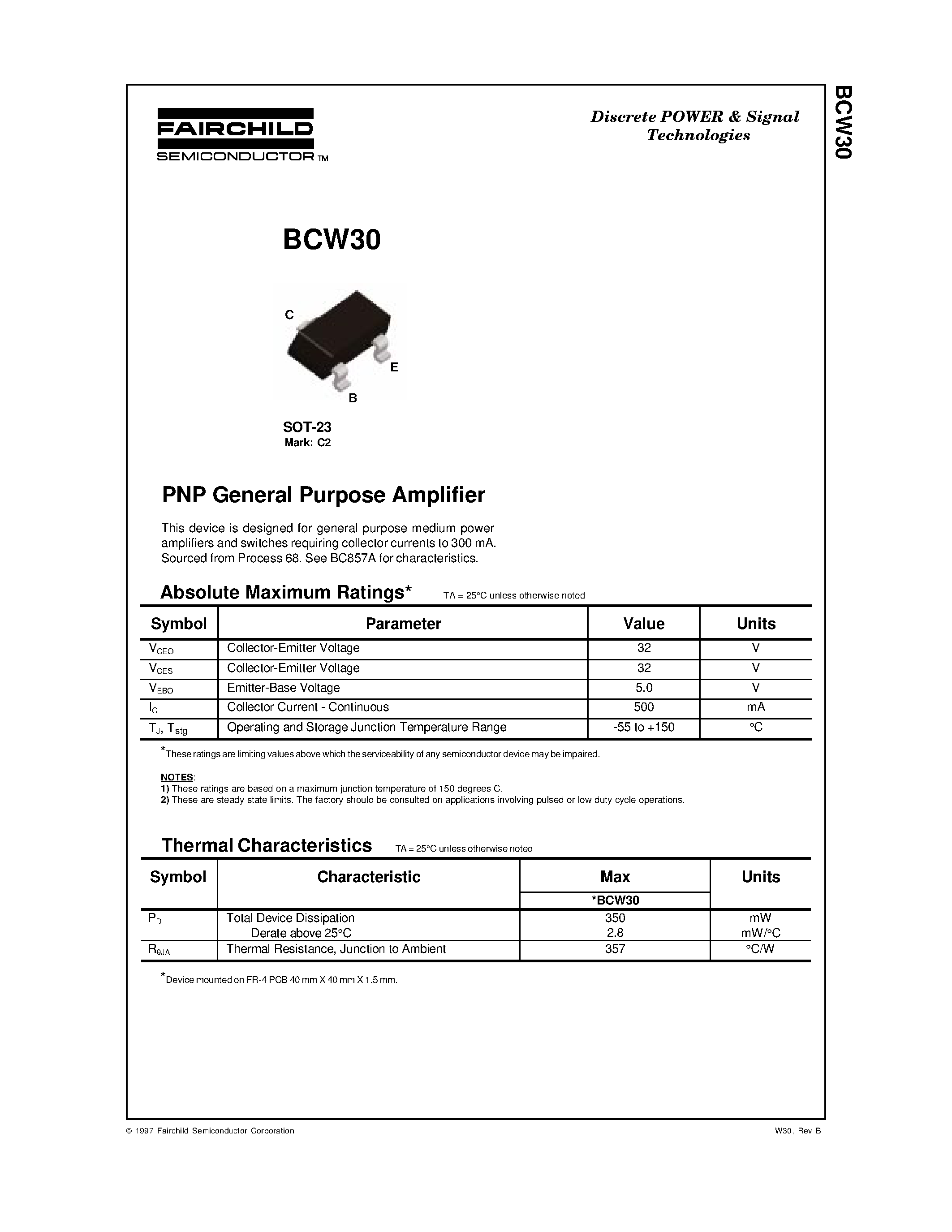 Datasheet BCW30 - PNP General Purpose Amplifier page 1
