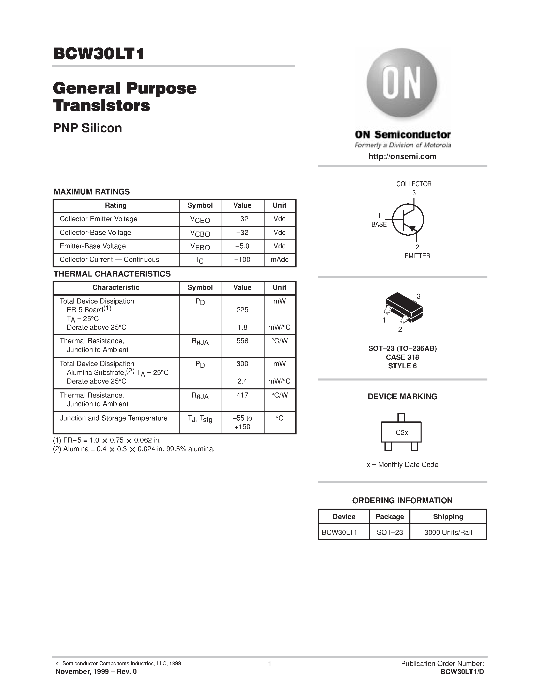 Даташит на микросхему BCW30LT1 страница 1 Даташит BCW30LT1 - General Purpose Transistors(PNP Silicon) страница 1
