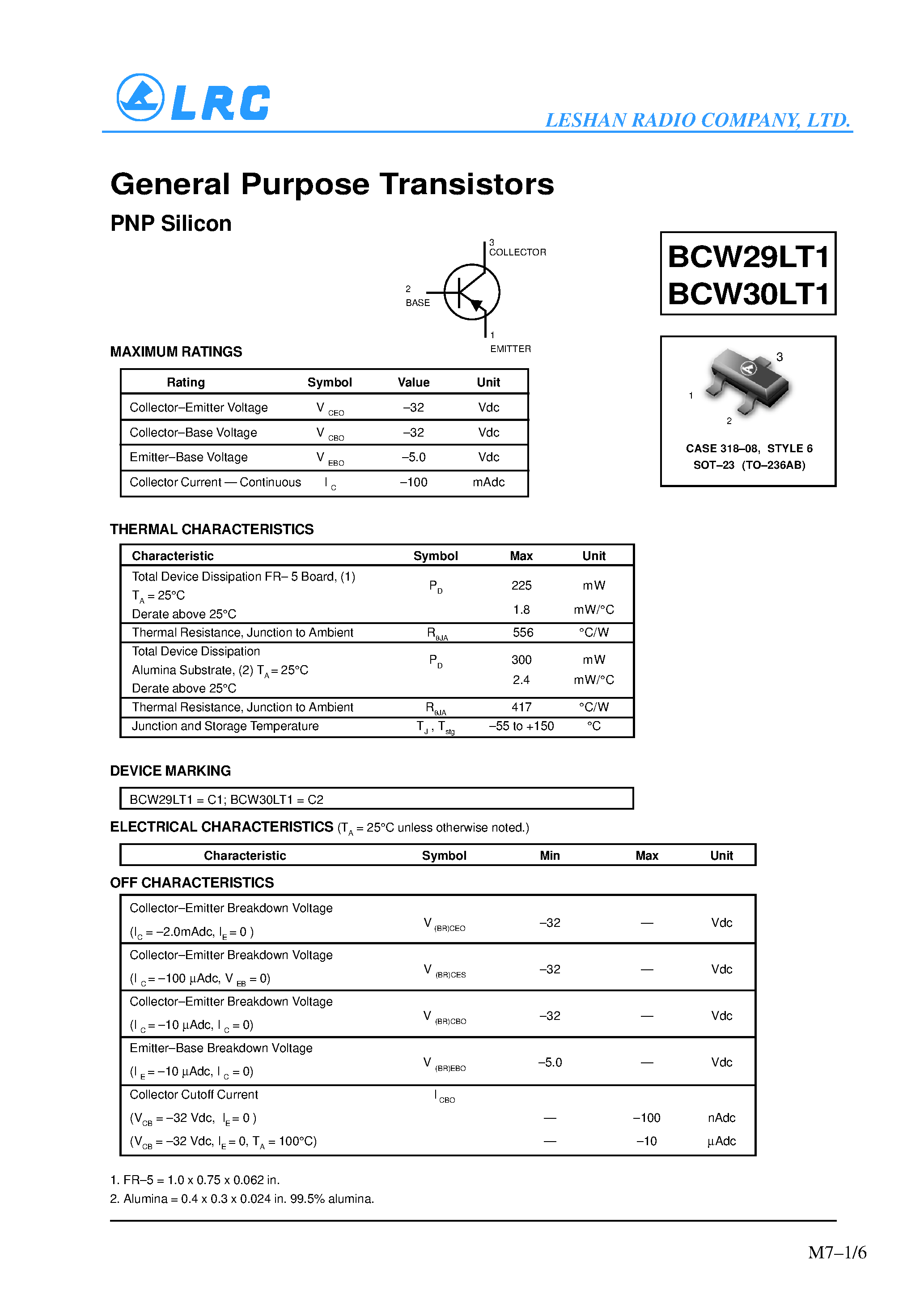Datasheet BCW30LT1 - General Purpose Transistors(PNP Silicon) page 1