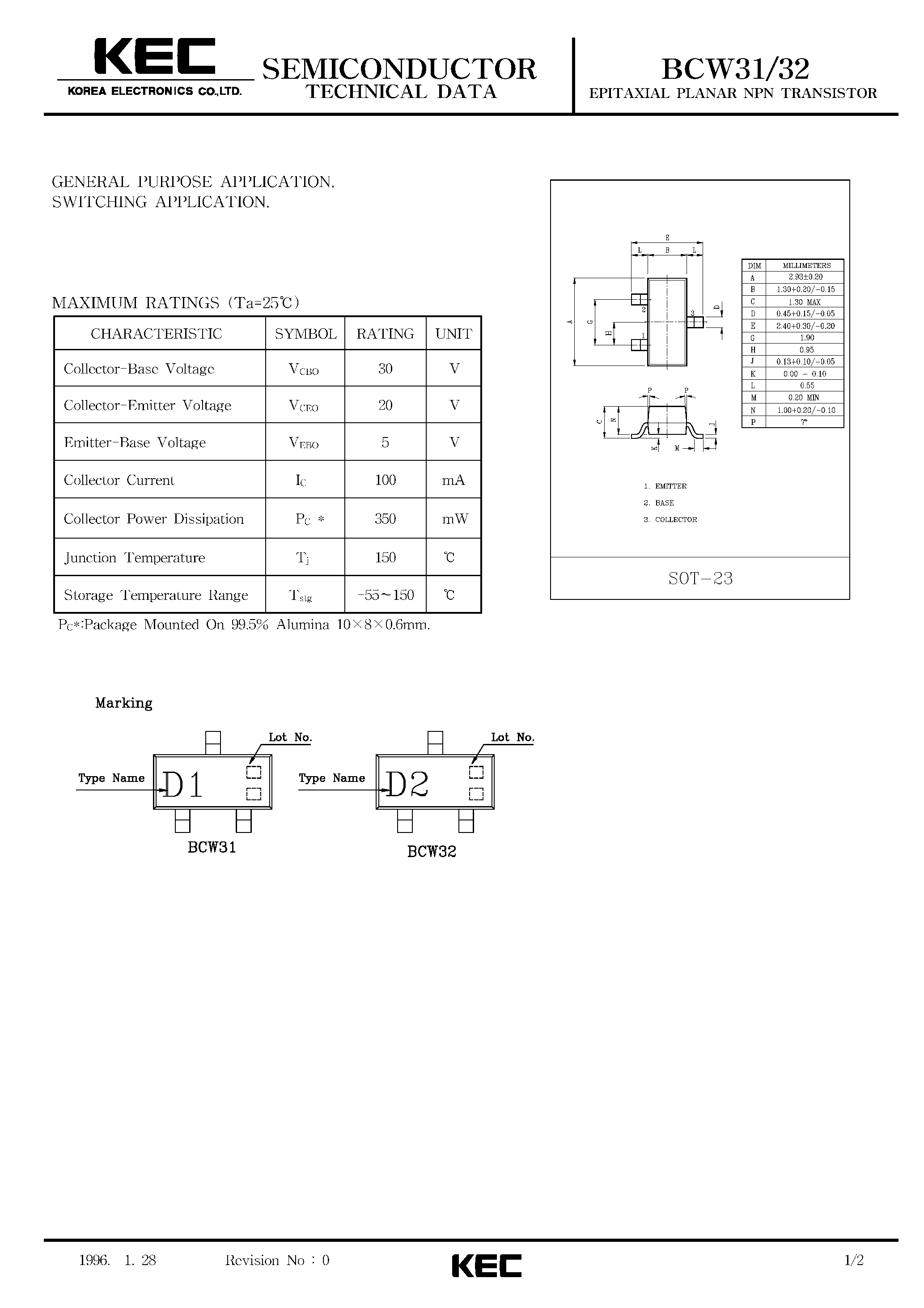 Datasheet BCW31 - EPITAXIAL PLANAR NPN TRANSISTOR (GENERAL PURPOSE/ SWITCHING) page 1
