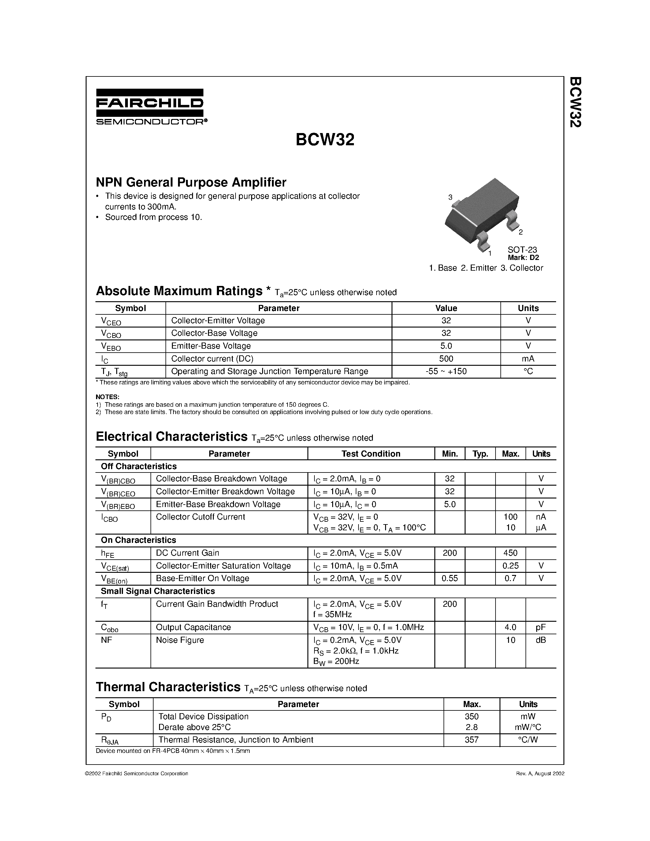 Datasheet BCW32 - NPN General Purpose Amplifier page 1