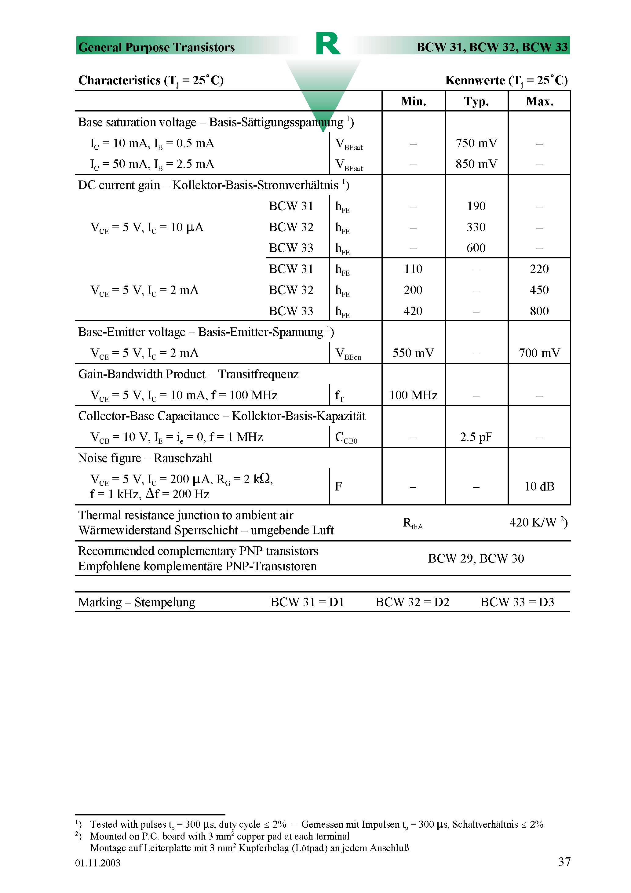 Даташит на микросхему BCW32 страница 2 Даташит BCW32 - Surface mount Si-Epitaxial PlanarTransistors страница 2