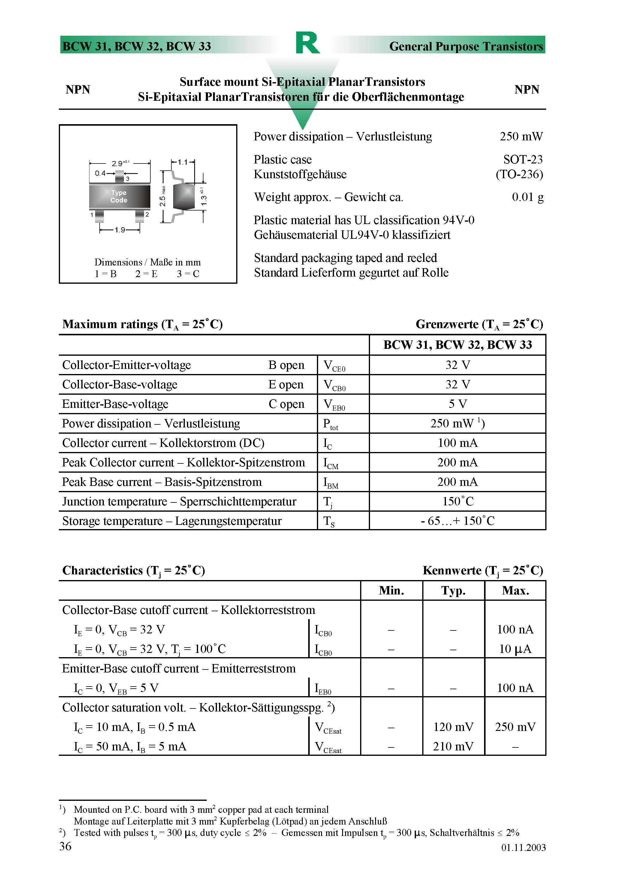 Даташит на микросхему BCW33 страница 1 Даташит BCW33 - Surface mount Si-Epitaxial PlanarTransistors страница 1