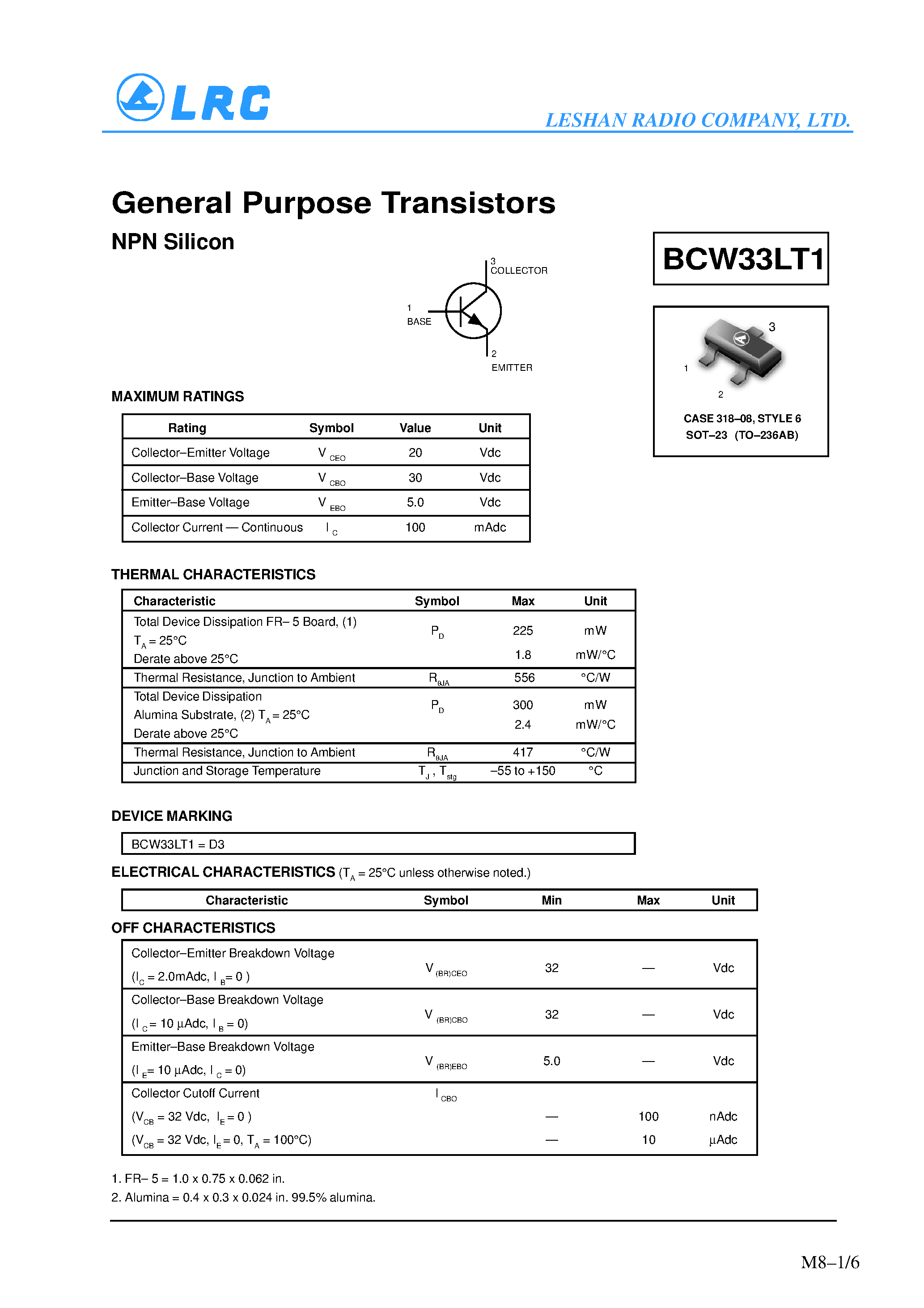 Datasheet BCW33LT1 - General Purpose Transistors(NPN Silicon) page 1