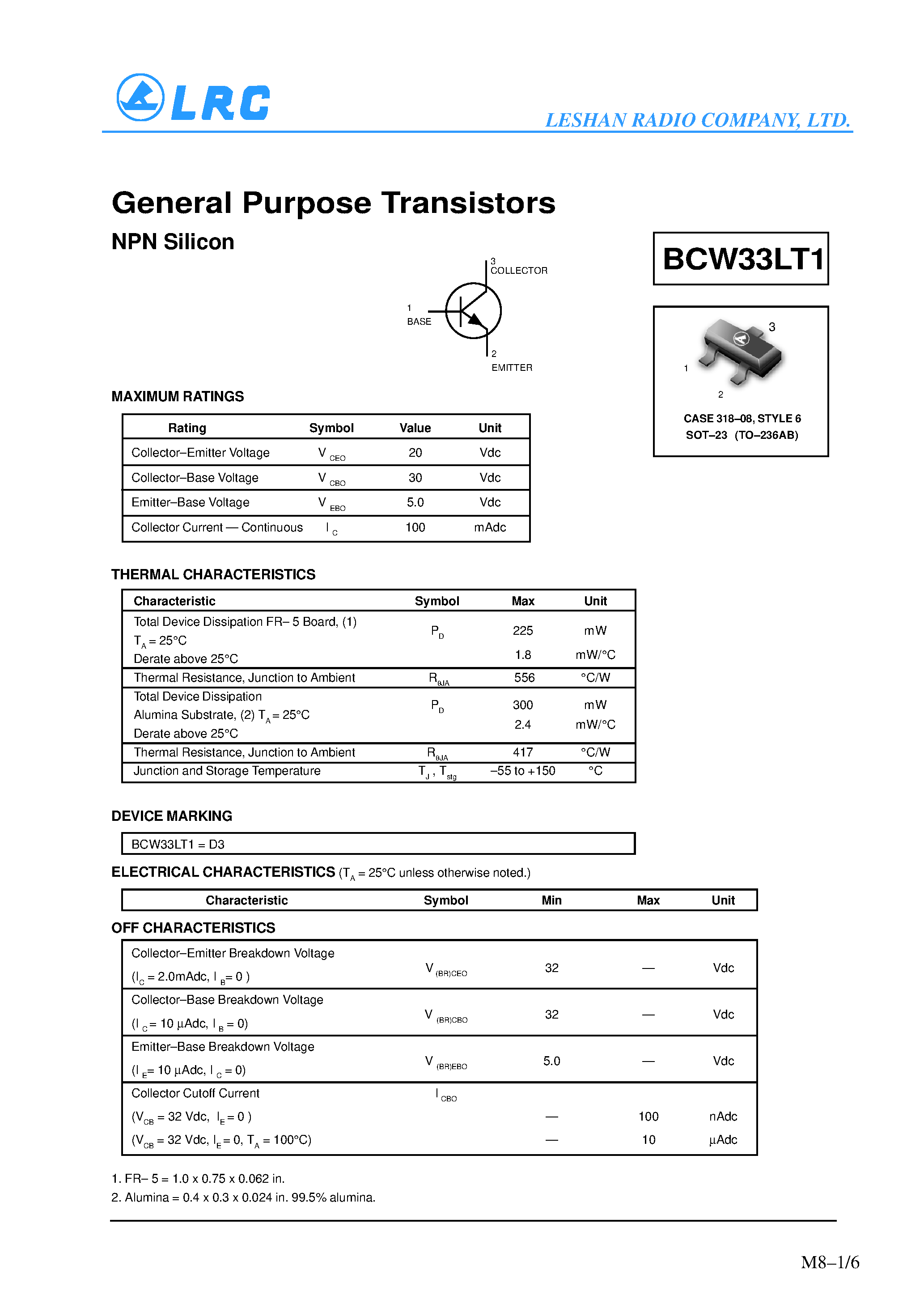Даташит BCW33LT1 - General Purpose Transistors(NPN Silicon) страница 1