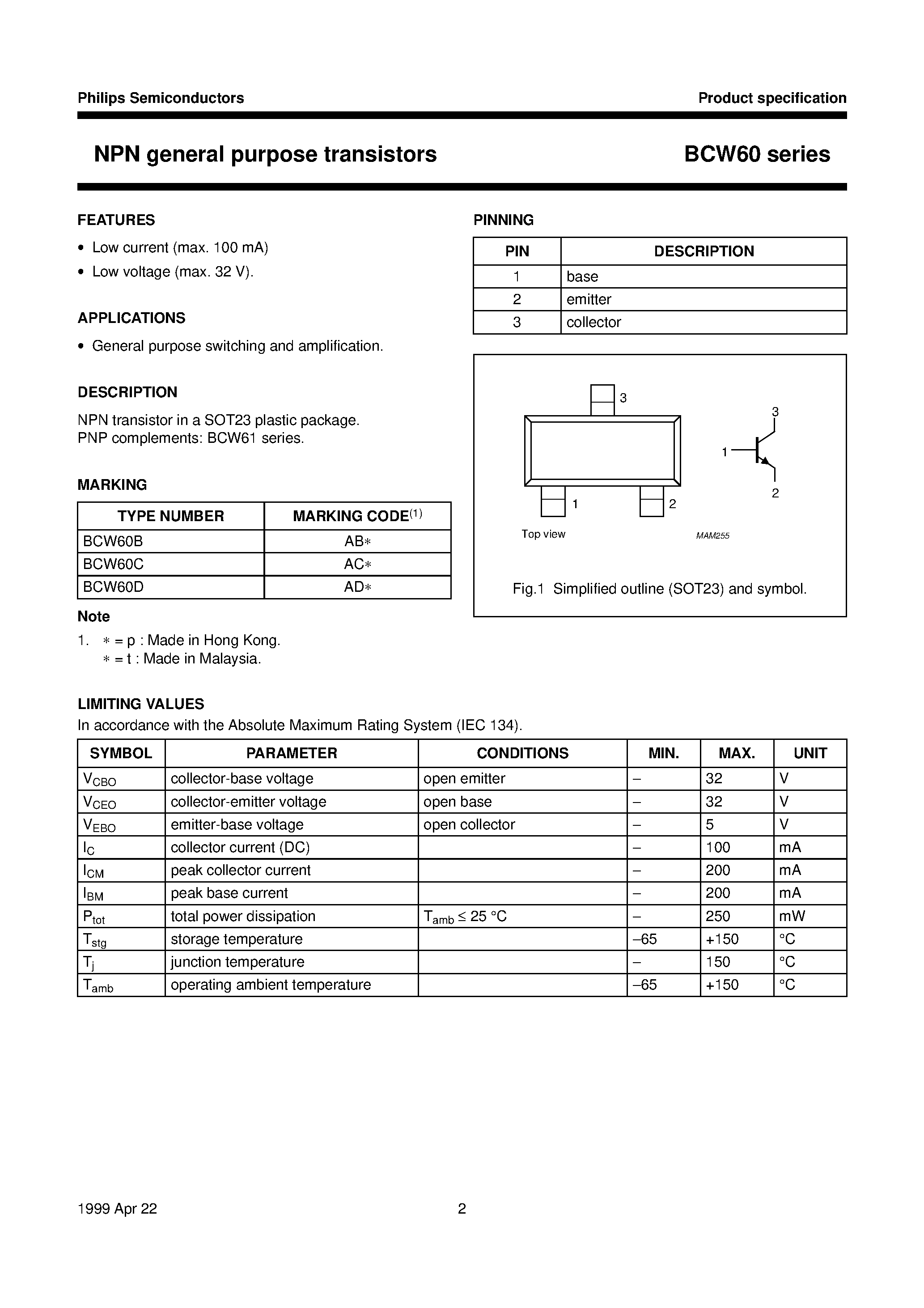 Datasheet BCW60B page 2 Datasheet BCW60B - NPN general purpose transistors page 2